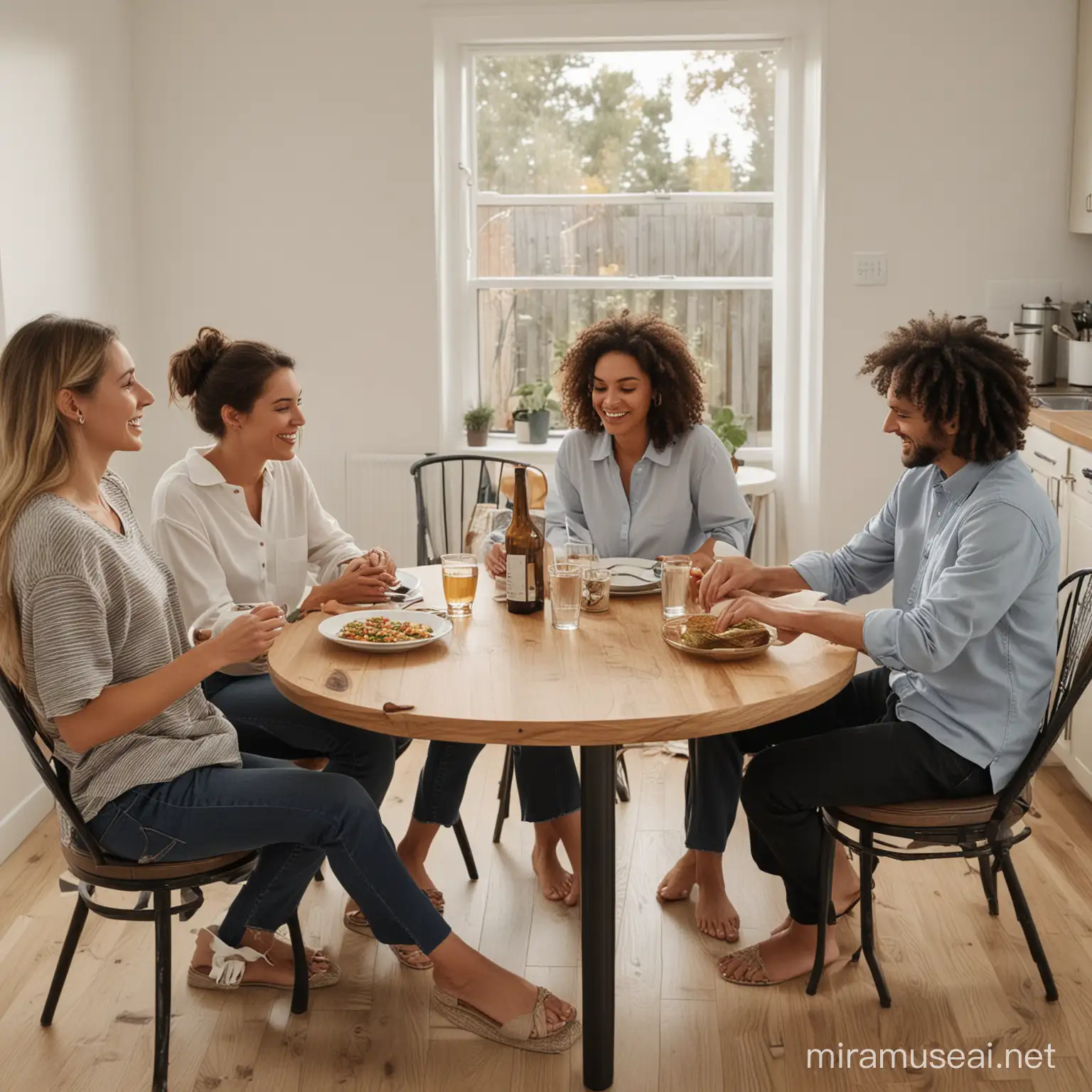 Four people sitting around a round Kitchen table