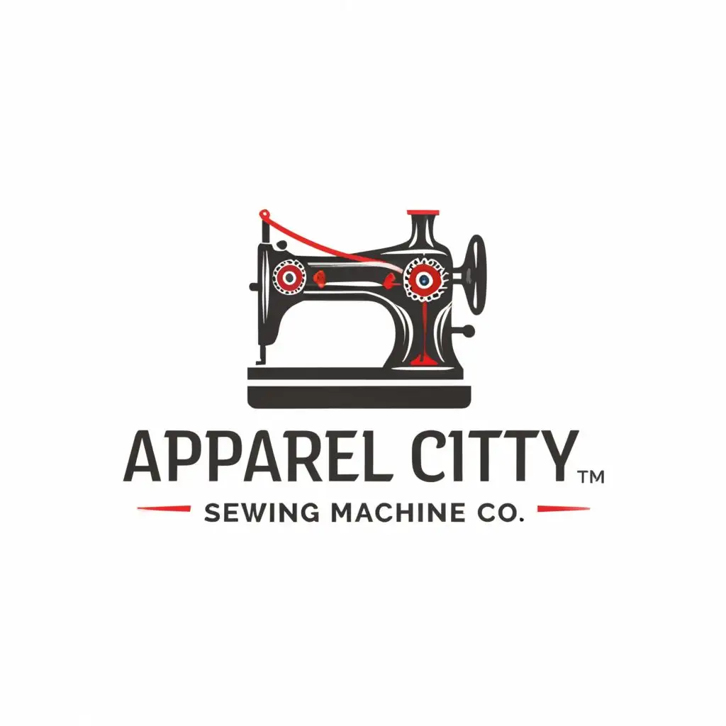 a logo design, with the text 'Apparel City Sewing Machine CO.', main symbol: sewing machine and stitches, complex, to be used in Automotive industry, clear background make letters red and the machine have red accents make the letters red
make all letters red'