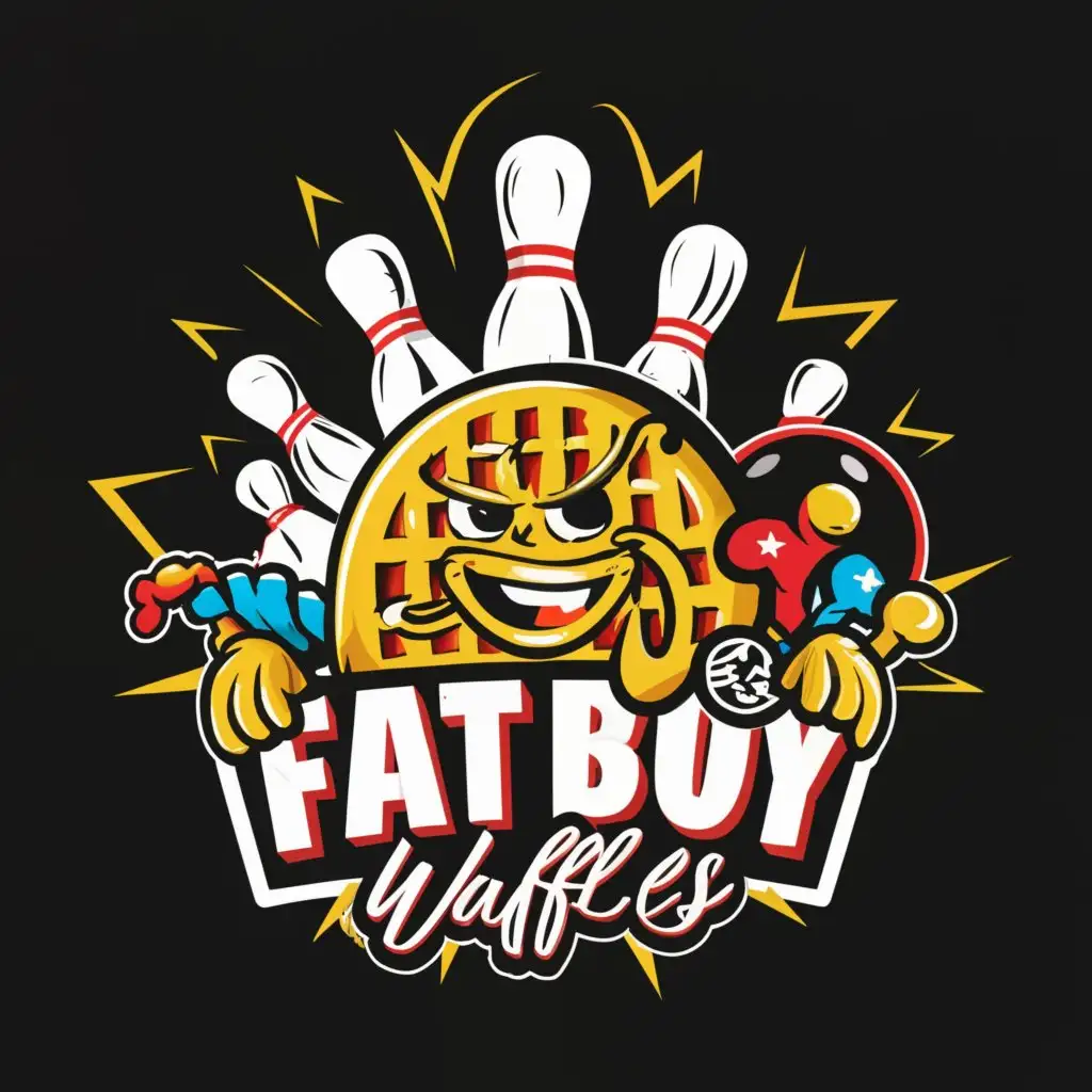 a logo design, with the text 'fatboy waffles', main symbol: waffles with hip hop bowling ball bowling pins fat boy black background graffiti, complex, clear background, no face on the waffle
