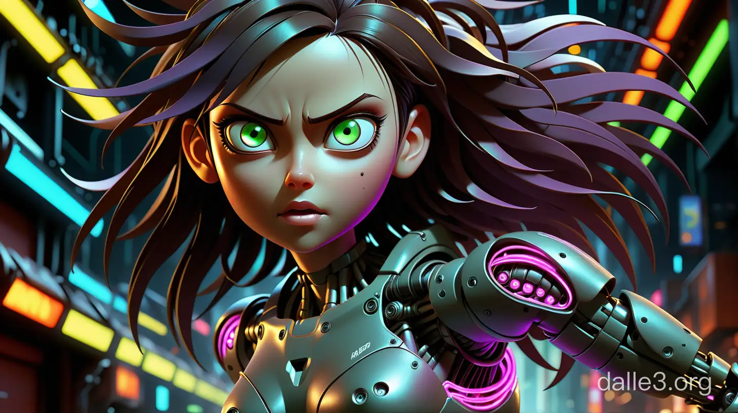 cybernetic robot breathtaking In this breathtaking world of Battle Angle at night, ral-ledlights Alita comes to life in a stunning adaptation. Running towards the viewer, she commands attention, revealing every curve and line of her lean athletic form. Her charming and determined expression. The neon lights that bathe her in a warm glow. She maintains the same cool composure that made her such an iconic character. High contrast, vibrant colors, embedding:, extremely large detailed eyes. The overall effect is a stunning image that captures the style of Chris Cold and Jason Edmiston, <lora:ral-ledlights:0.3>,. android, AI, machine, metal, wires, tech, futuristic, highly detailed,