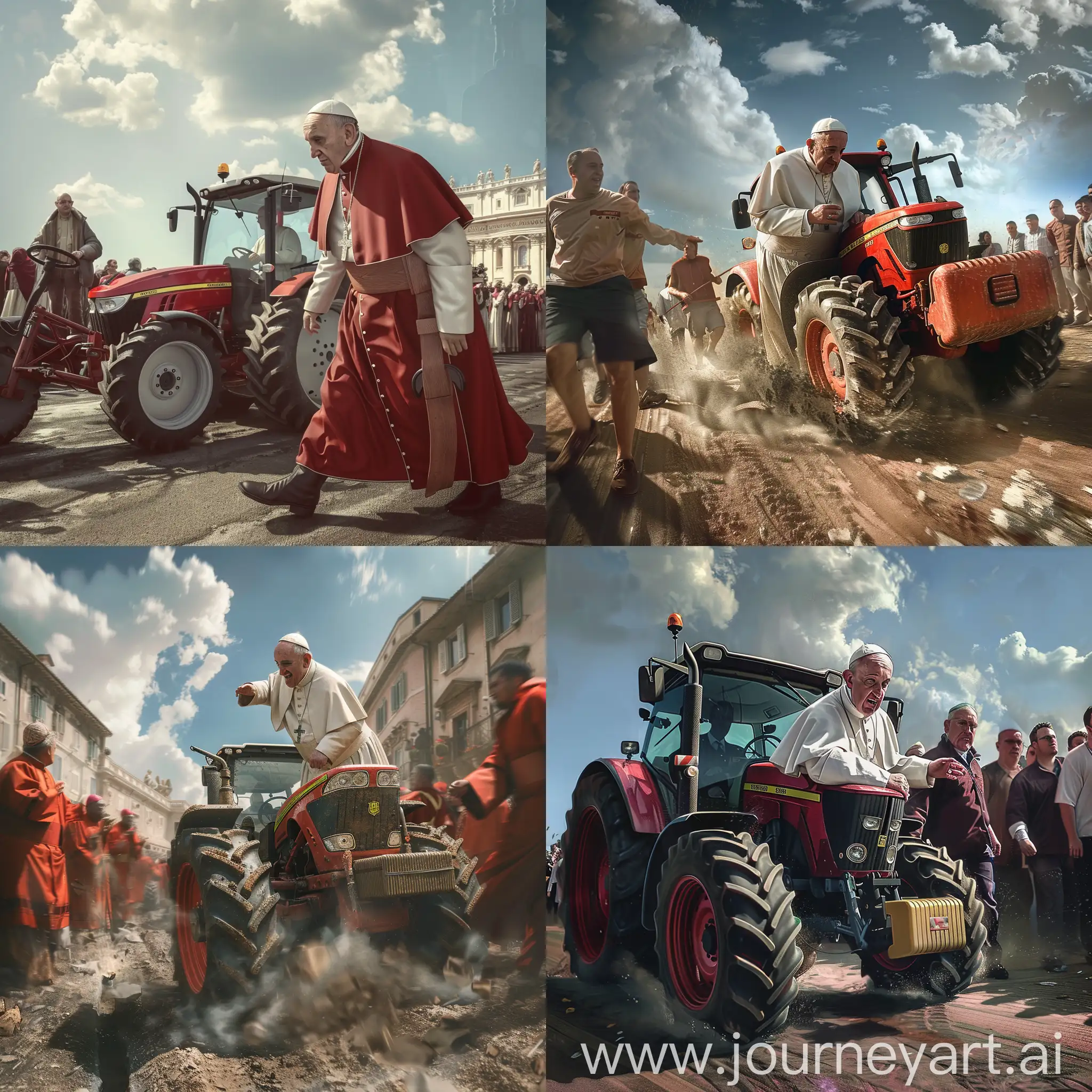 Photorealistic image of pope francis interrupting a religious procession with a tractor