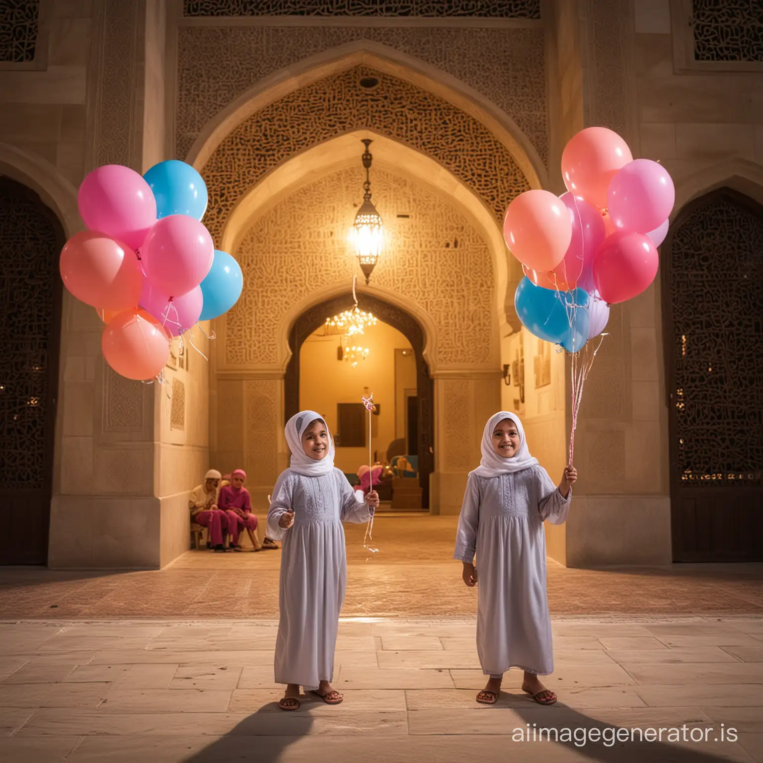 Happy Arab children holding balloons and candy for Islamic events like Eid ul Fitr in a mosque courtyard at night