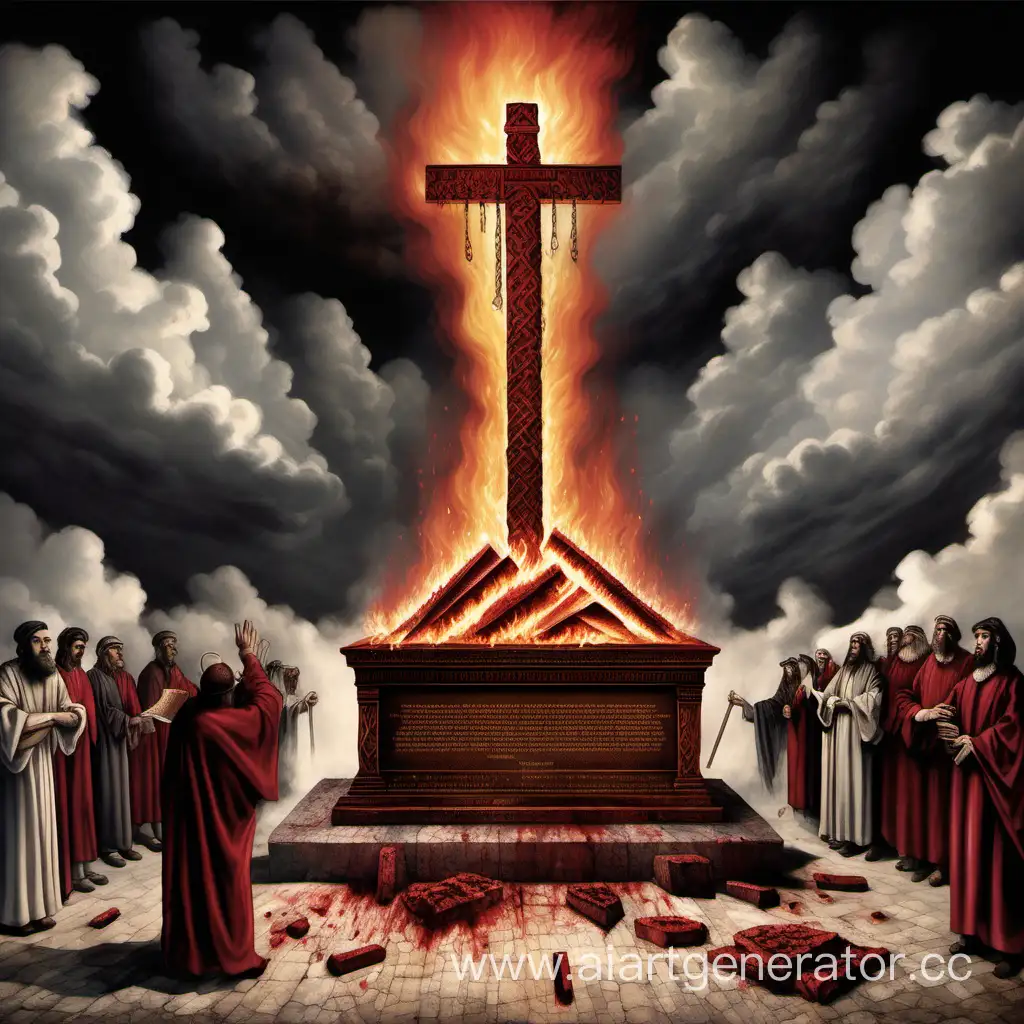 jewish human sacrifice with fire altar, clouds, broken ten commandments, title: "a history of blood sacrifices"