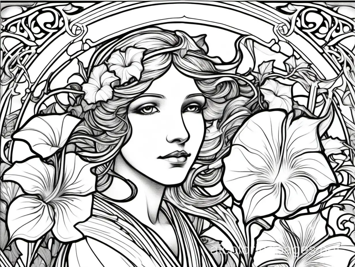 luminescent morning glory flowers, sparkling reflections, digital painting, extremely detailed, Alphonse Mucha, Art Nouveau, Coloring Page, black and white, line art, white background, Simplicity, Ample White Space. The background of the coloring page is plain white to make it easy for young children to color within the lines. The outlines of all the subjects are easy to distinguish, making it simple for kids to color without too much difficulty