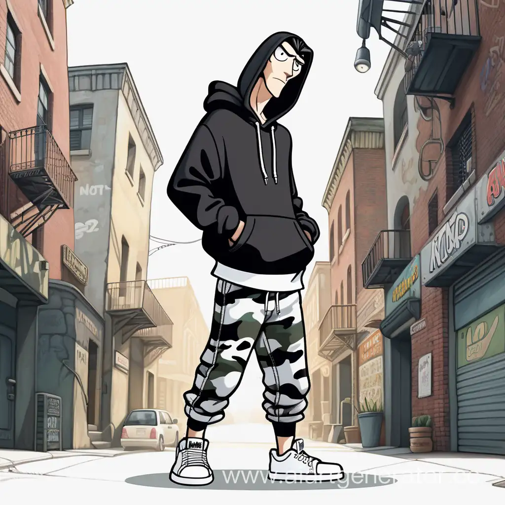 a tall white thin guy with a thin elongated face, dark hair small beard, dressed in a black and white oversized hoodie, with a hood on his head, camouflage pants and sneakers, hip-hop style, street background, picture style cartoon Hey Arnold