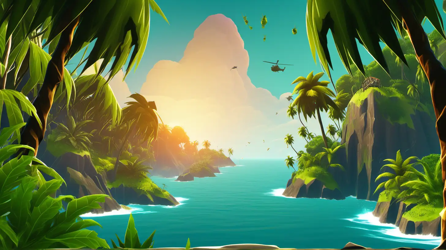 a fortnite style back ground of some jungle, some sea
