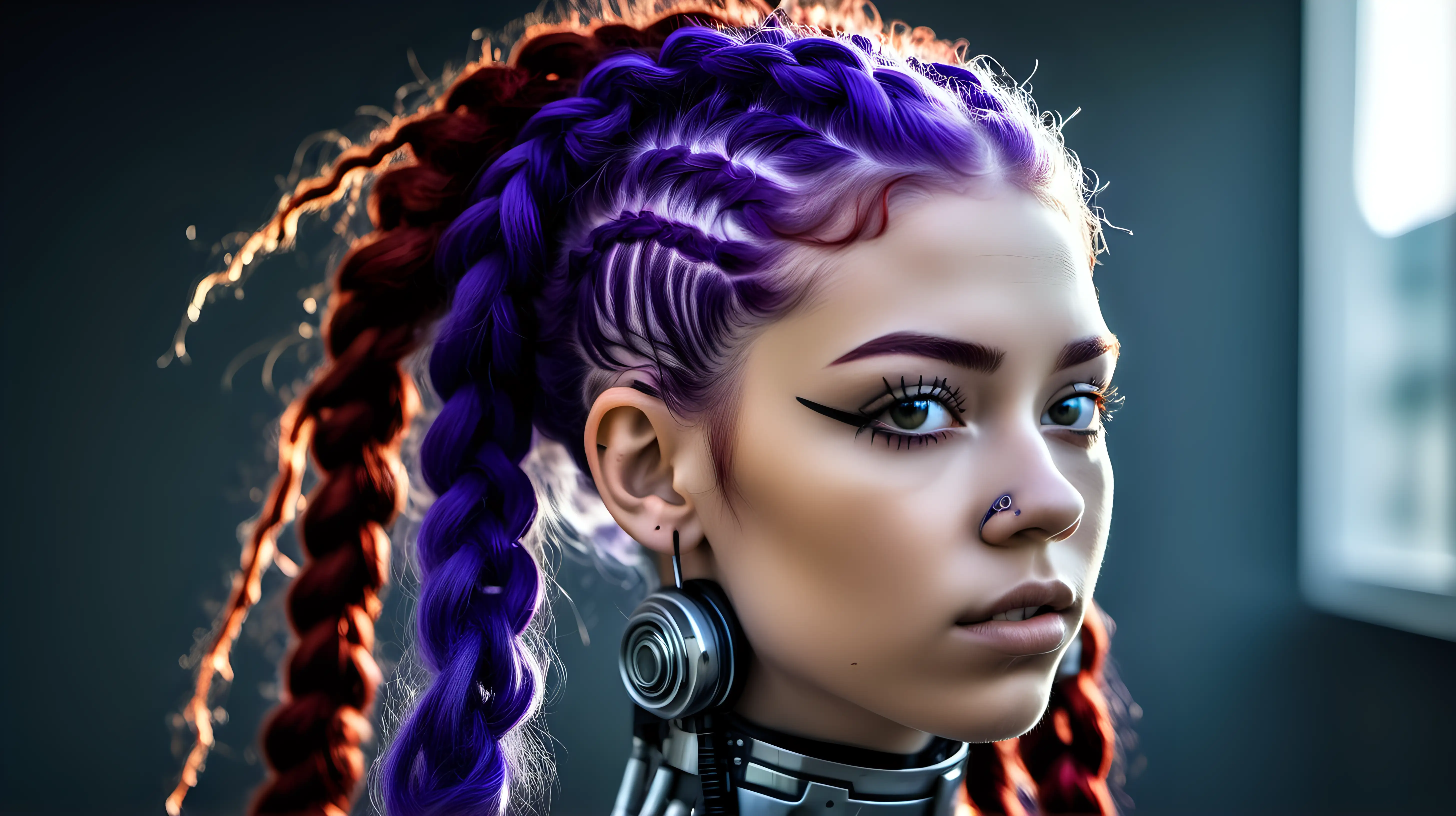 Gorgeous cyborg woman, 18 years old. She has a cyborg face, but she is extremely beautiful. Wild hair, purple braids, red braids. European woman, white woman.