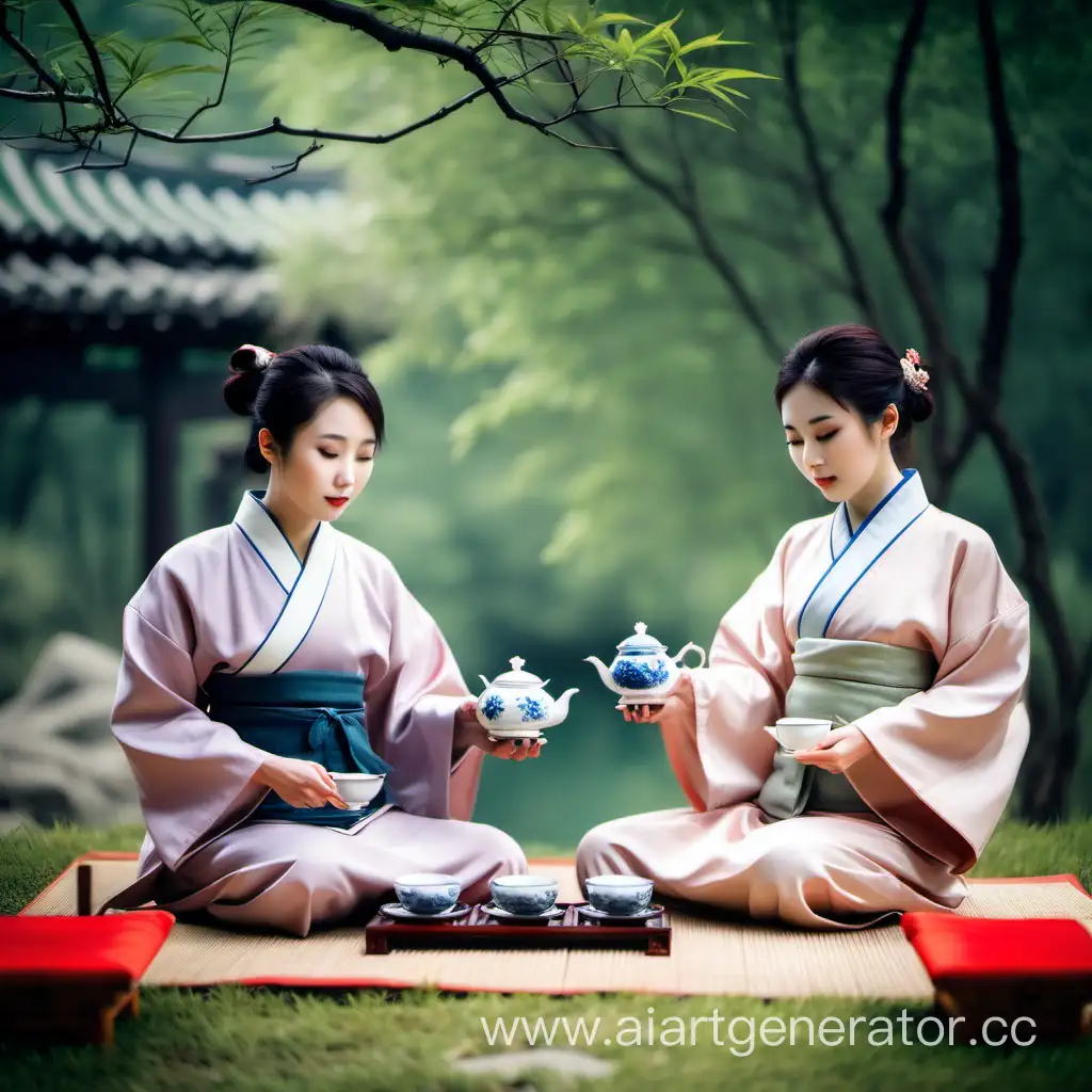 Two Chinese girls at a tea ceremony in nature