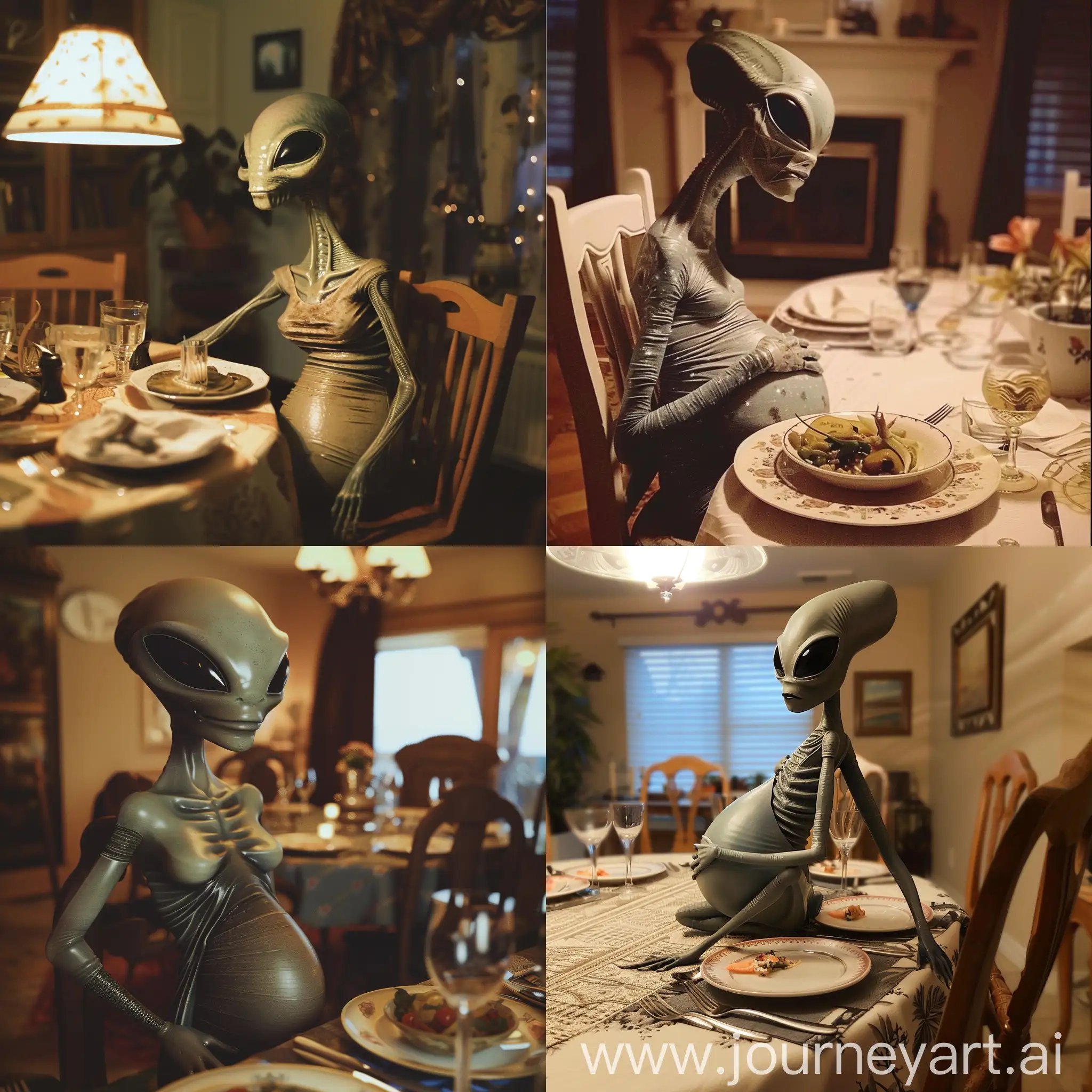 Zantari: She is a female Gray Alien, And your Date for Tonight. She is 7 feet tall, And she is very pregnant. Her pregnant tummy is very large. She is sitting at your dinner table, Waiting for you.