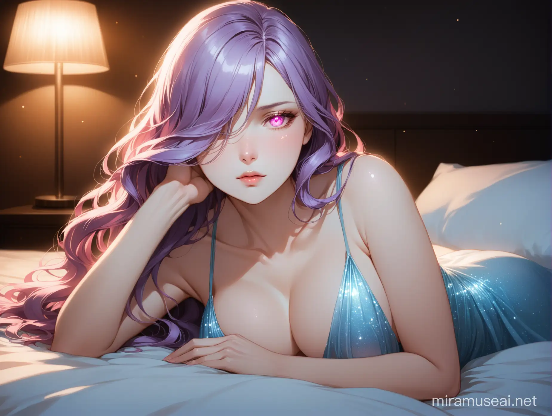 A mature woman; with long wavy violet hair that partially covers her left eye, pale complexion, sleepy reddish-pink eyes with a pale blue eyeshadow around her eyes; wears a loose see-trough slip sparkling dress exposes her chest; lying in bed, indoors, in a dimly lighten dark hotel room; in a nonchalant pose, gazing seductively at the viewer; 