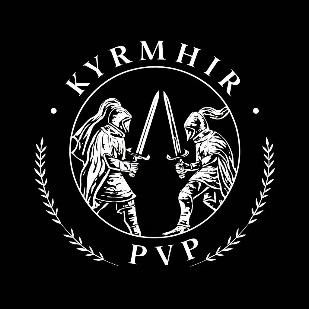 logo, Circle, knights fighting with swords, with the text "Kyrmir PVP", typography, be used in Religious industry