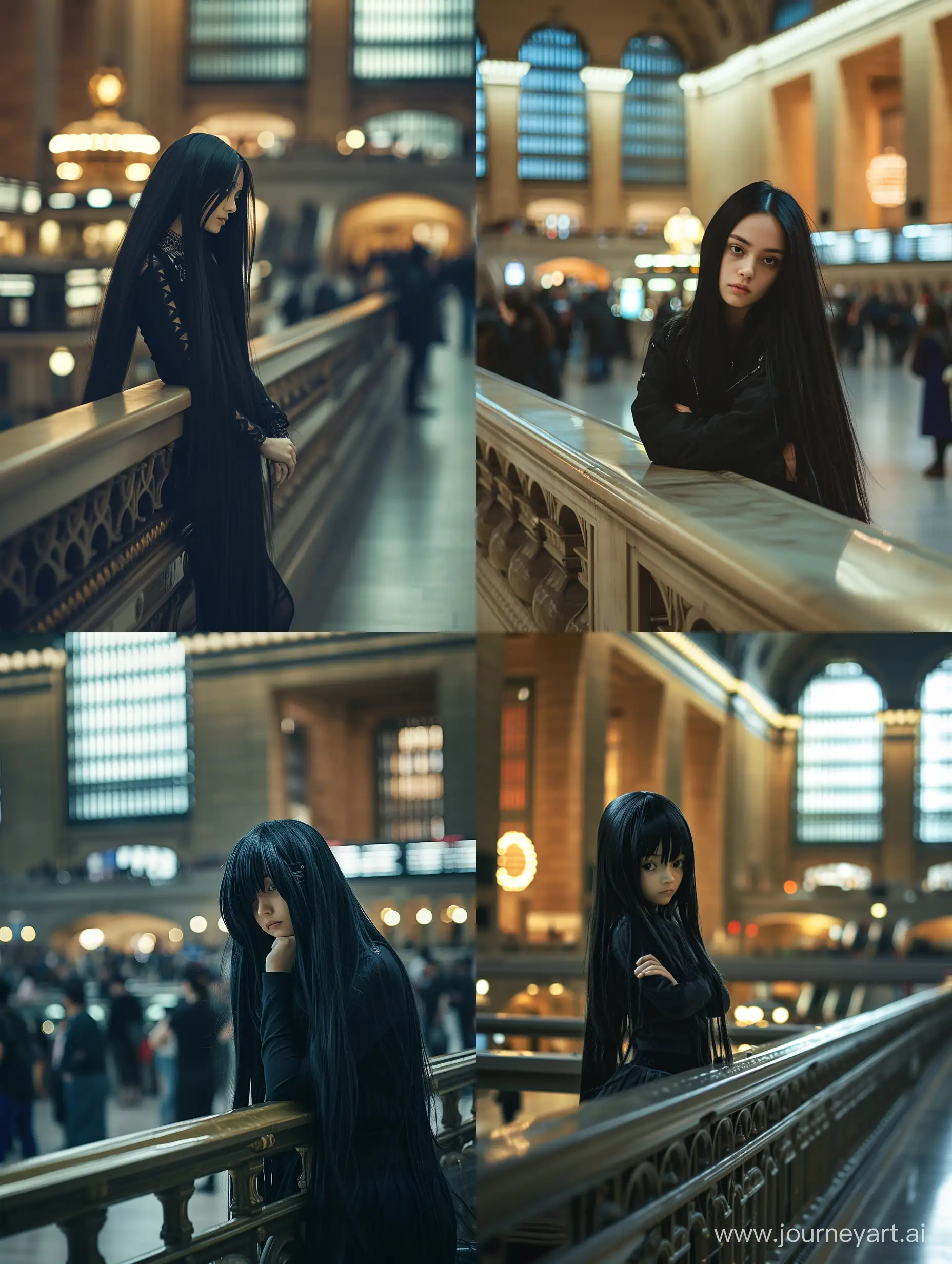 большой центральный вокзал в Нью Йорке, девушка с черными длинными волосами стоит опираясь на перила 