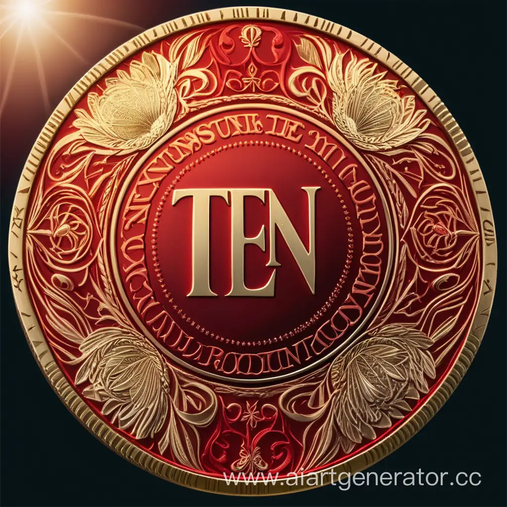 golden and red coin with the inscription TEN, high level of detail, intricate pattern on the coin, mysterious background, magical plot, high level of detail, sharp contours, professional shooting