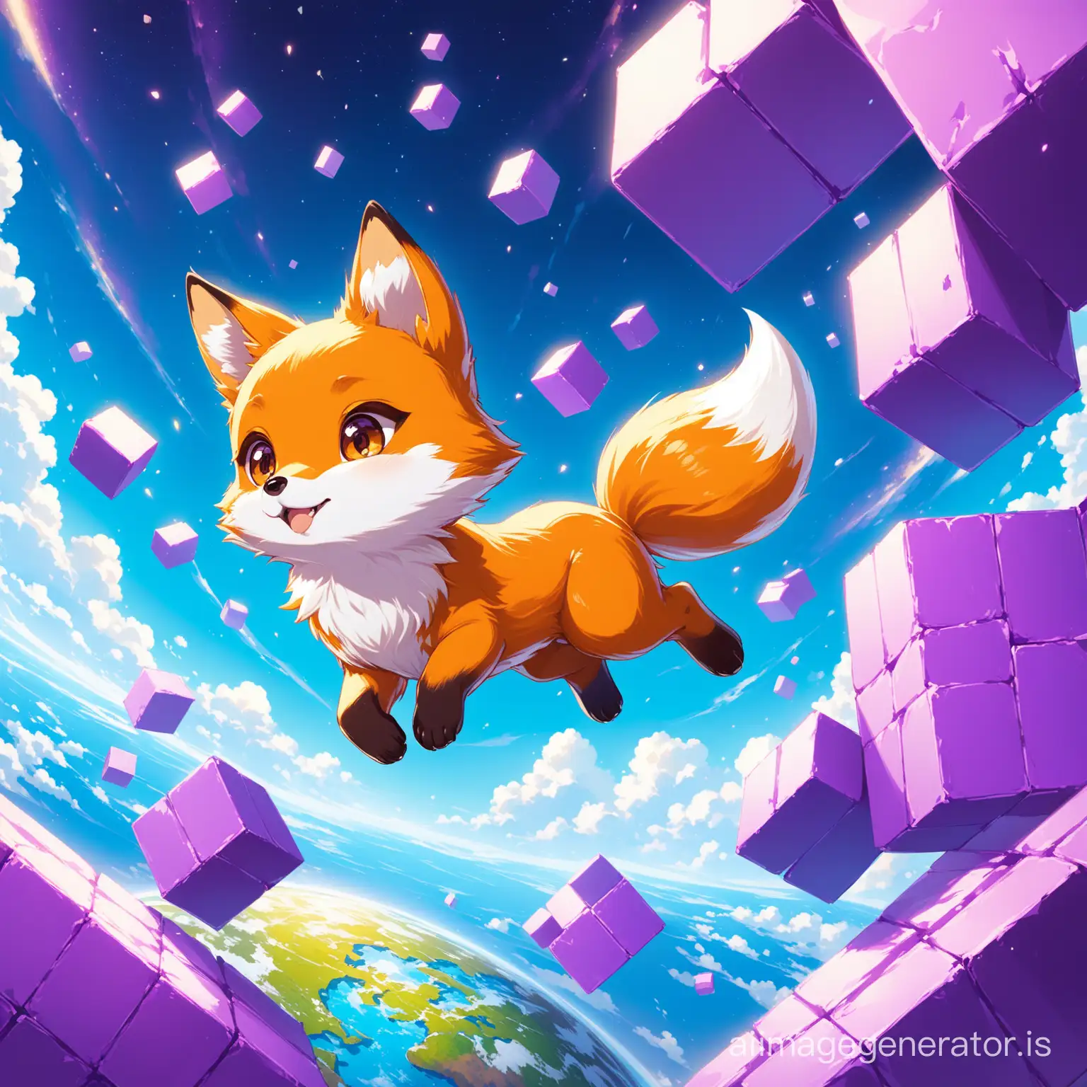 A little cute fox  flying on the earth with super detail and High Quality
big and Purple and floating blocks are seen everywhere
Details are evident beautifully and with great precision

