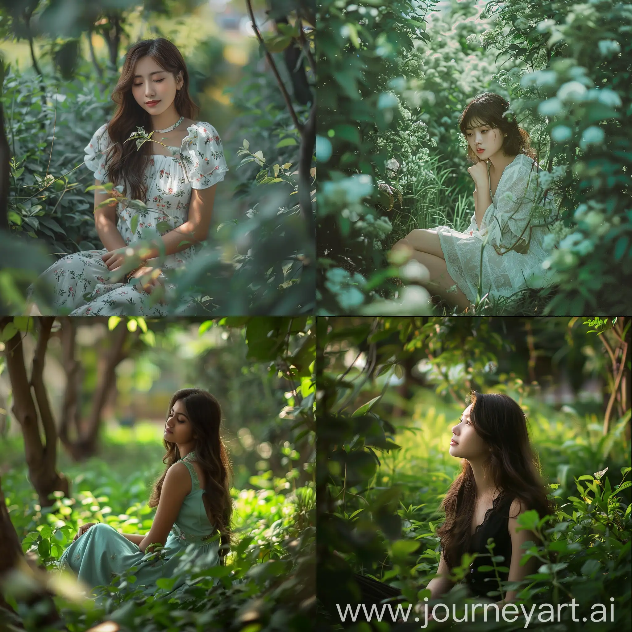 A beautiful girl is sitting in a green garden