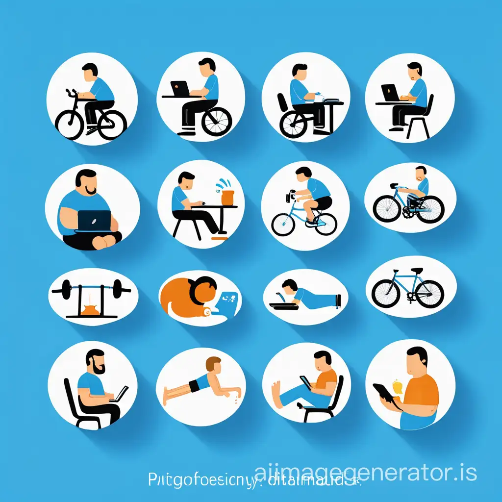 Create only 1 icon for each mentioned activity: "Sleeping, bathing, weight lifting, working in laptop, eating, cooking, bike riding, texting" surrounded by a man with a blue background.