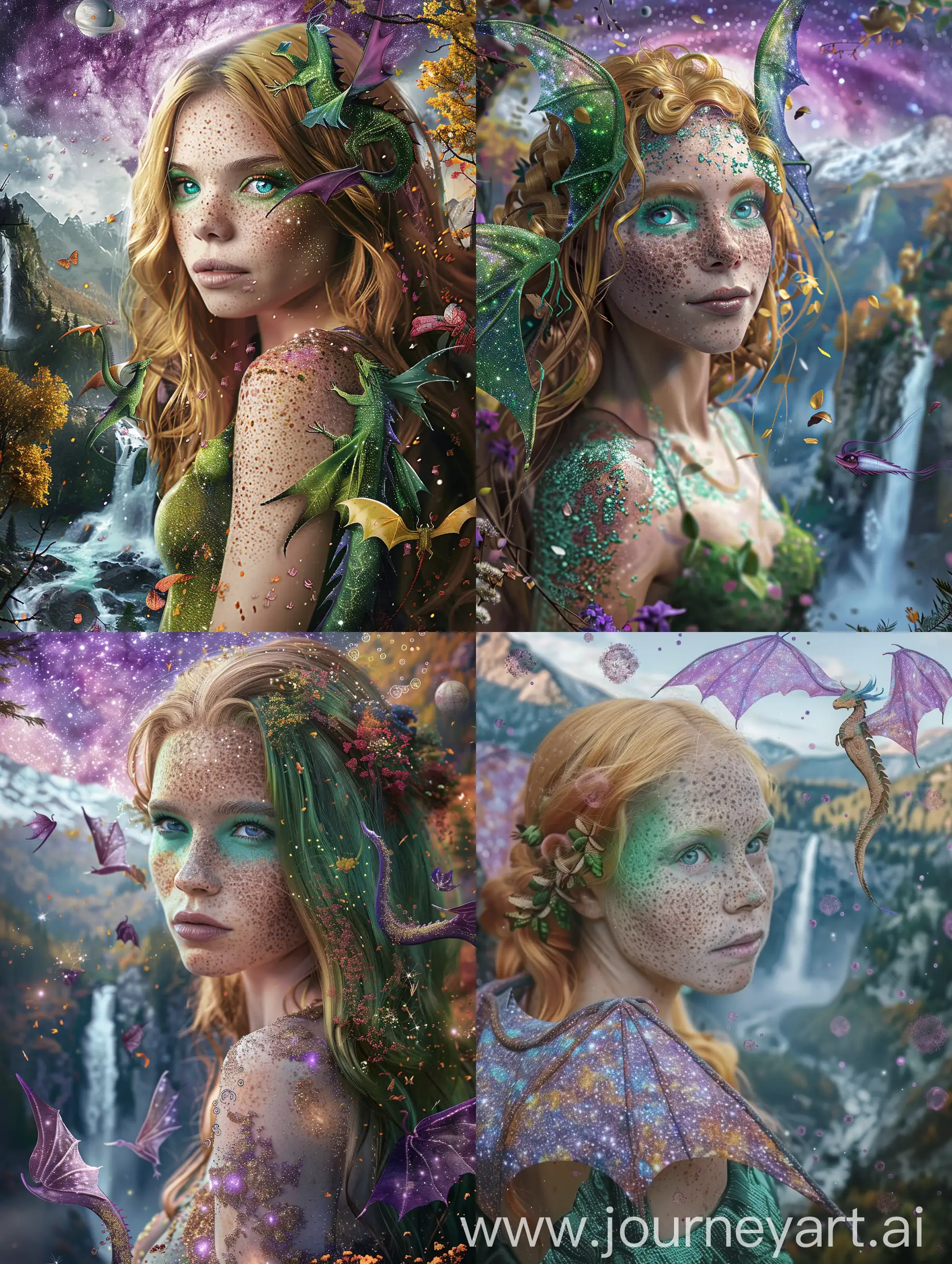 full body length illustration Beautiful woman freckles green and gold hair turquoise eyes Colorful in nature small translucent dragons hover around. Beautiful colorful summer is leaving and autumn is coming, mountain landscapes of the Caucasus with waterfalls and beautiful blooming trees and flowers, fantasy, galaxy in the sky, purple nebula, aesthetic galaxy, milky way in the sky, planet --ar 3:4 --style raw 