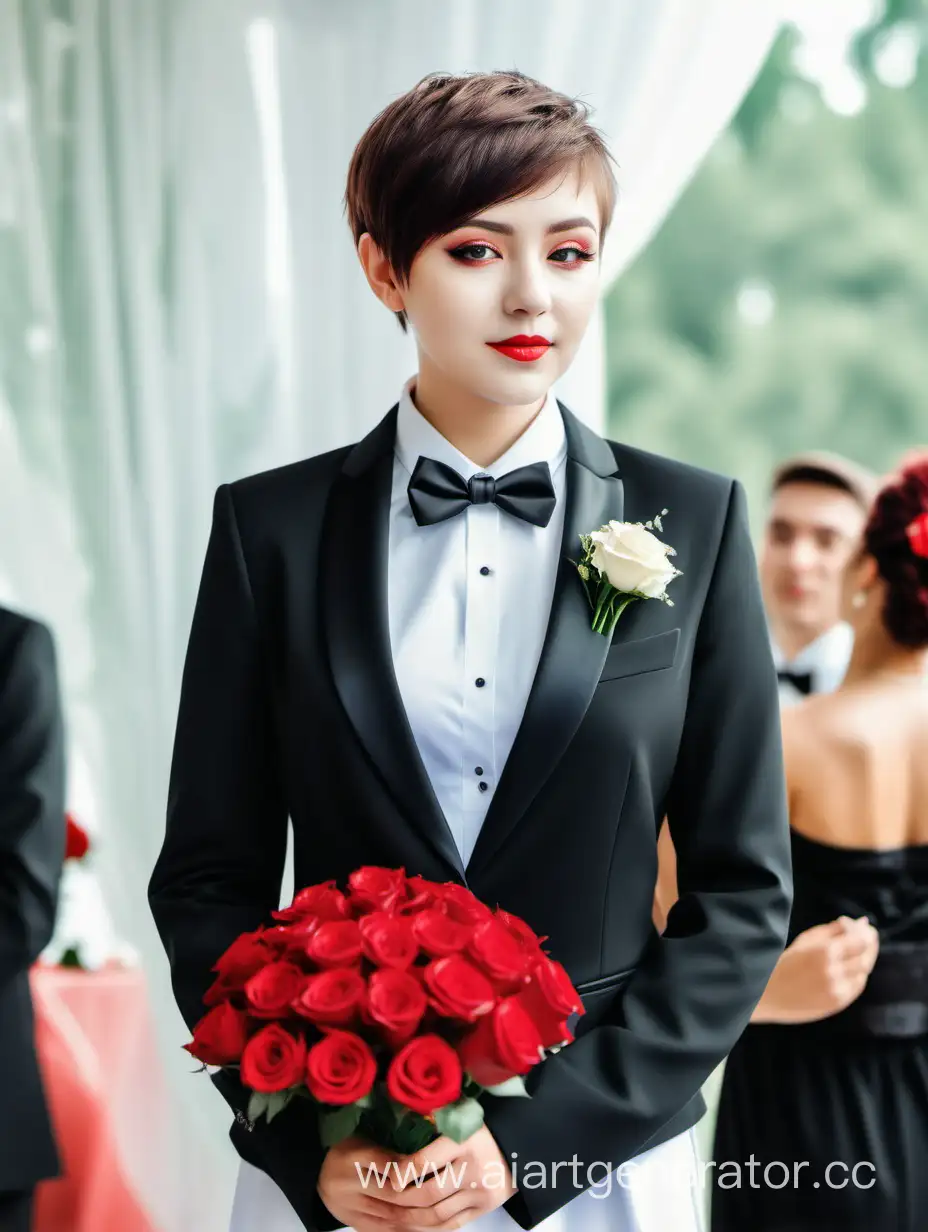 The girl in a tuxedo at the wedding ceremony with a short haircut and a bouquet of red roses