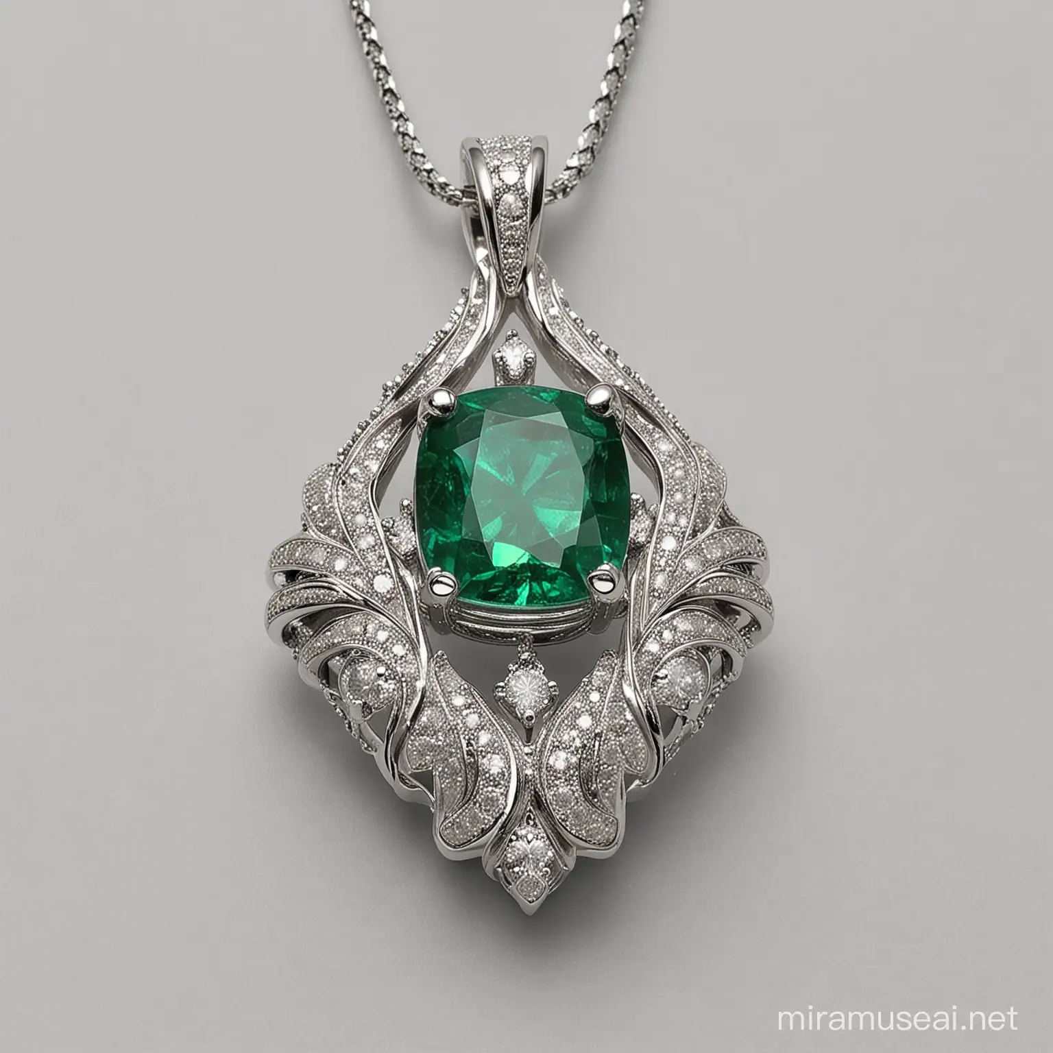 Modern Silver Pendant with CushionCut Emerald and Diamond Accents