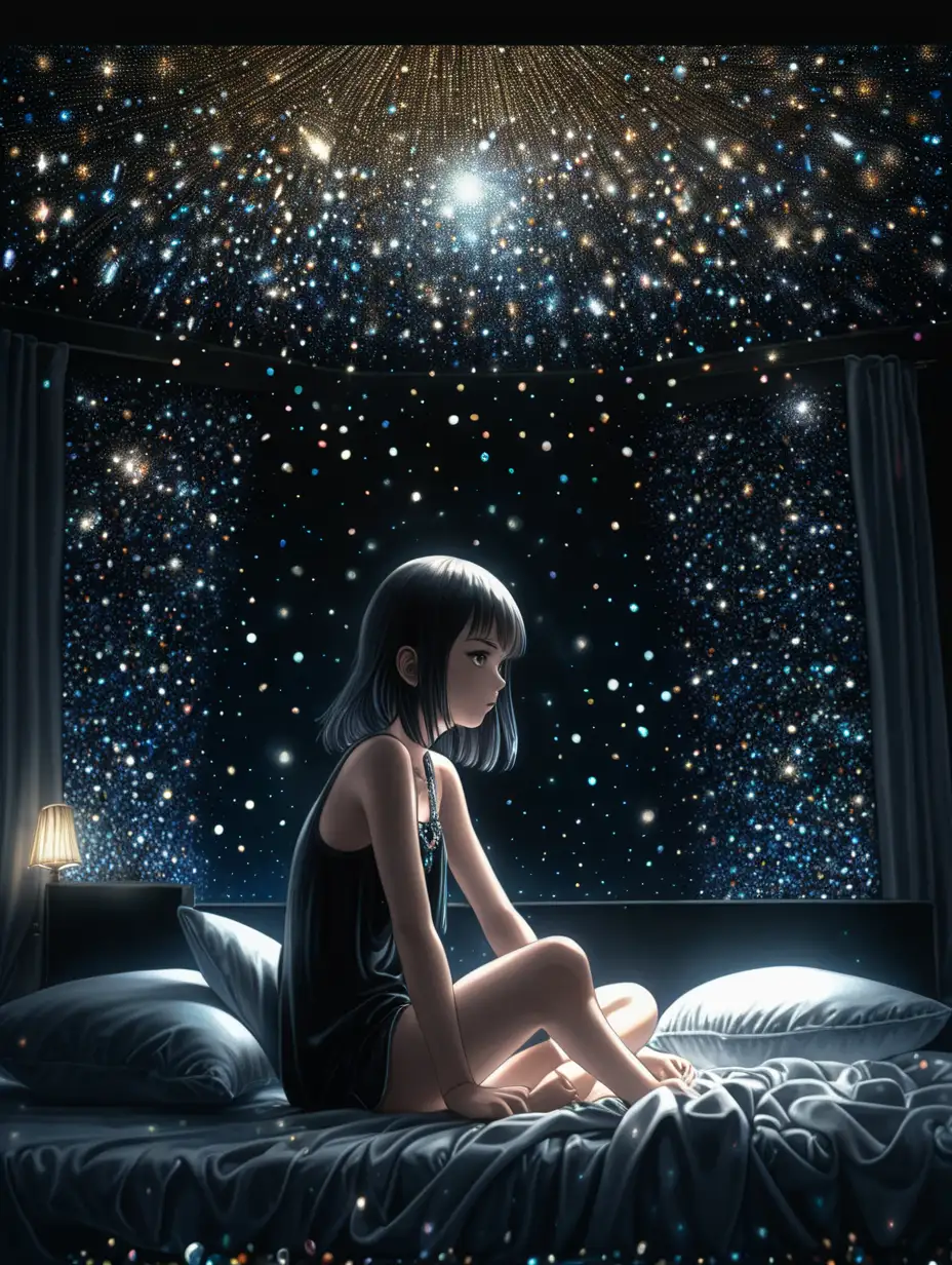 anime style, young woman sitting on her bed, ethereal, black background, millions of jewels in the air shining inside the bedroom, third person, blurry, Pointillism