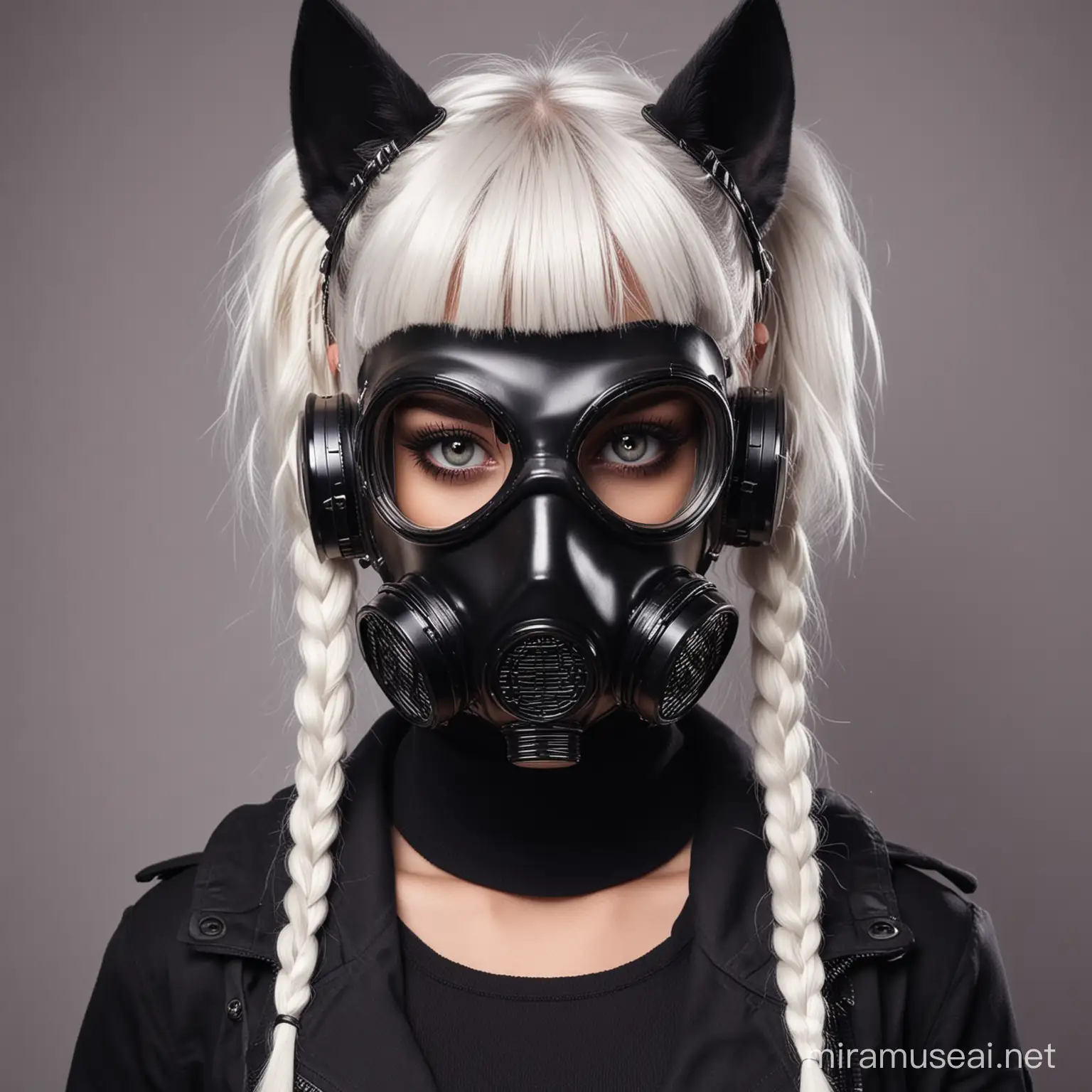 girl with white hair with bangs, little braids in hair, anubis black ears, wearing black gas mask, neon background, huge black eyes, dj style