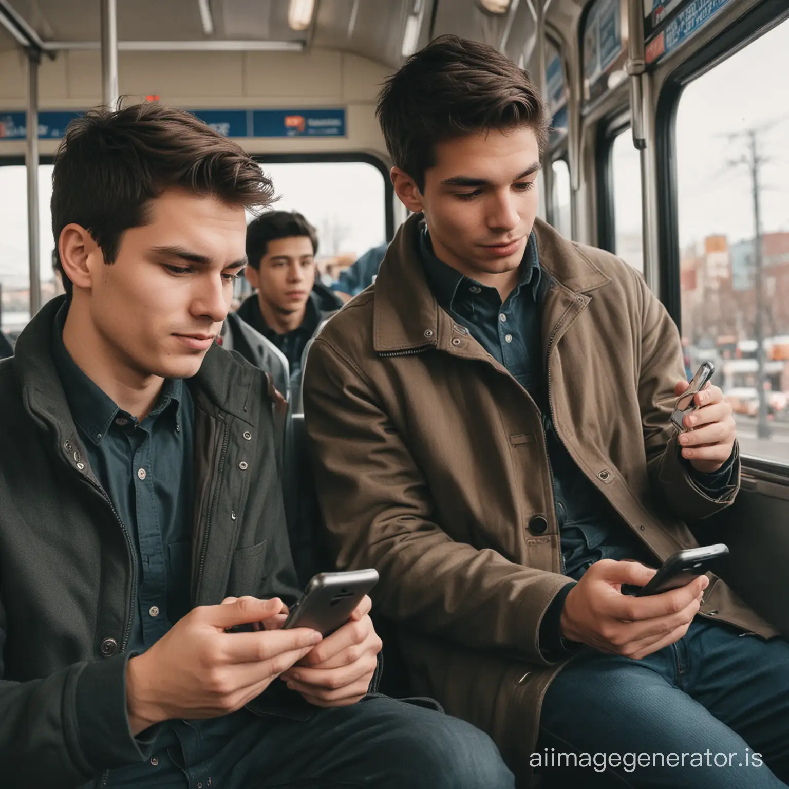 A scene on public transportation, with two young men seated next to each other on a bus or train, both immersed in their smartphones while commuting to their destination.