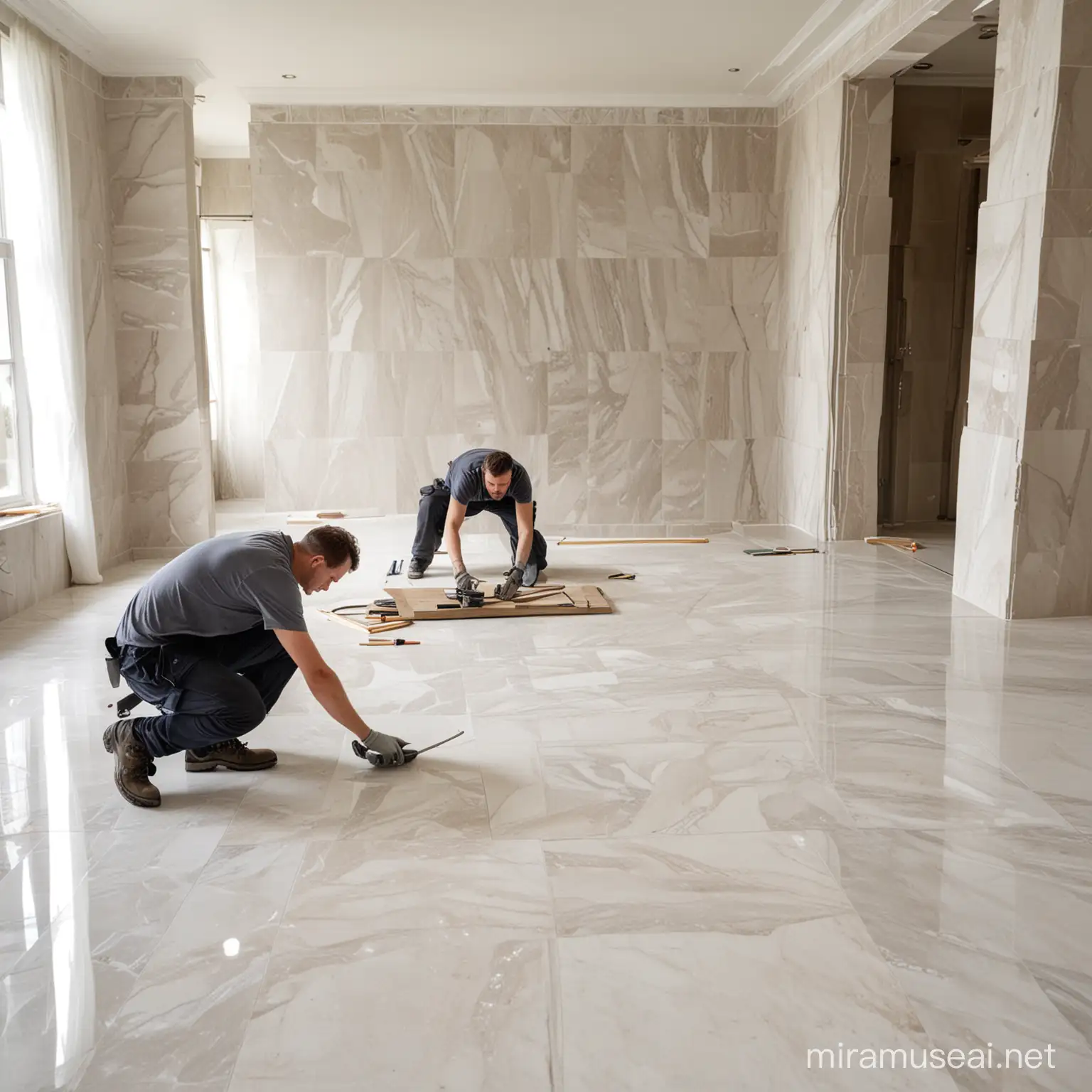 Workers laying out marble in spacious large exclusive bathroom