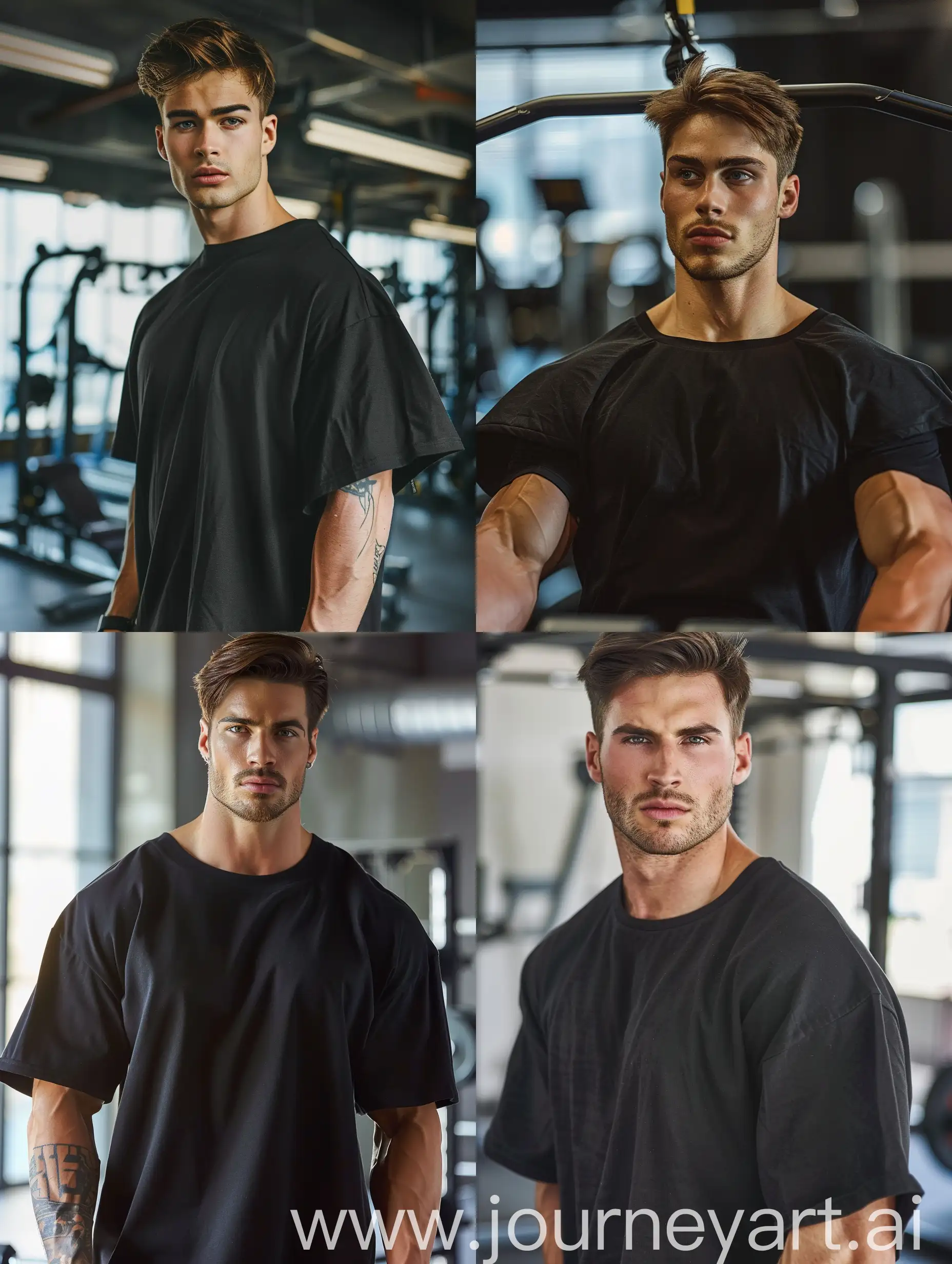 A cinematic, high resolution photo, of a handsome man, mid-20s, very athletic, wearing an oversized drop-shoulder black t-shirt, working out in the gym