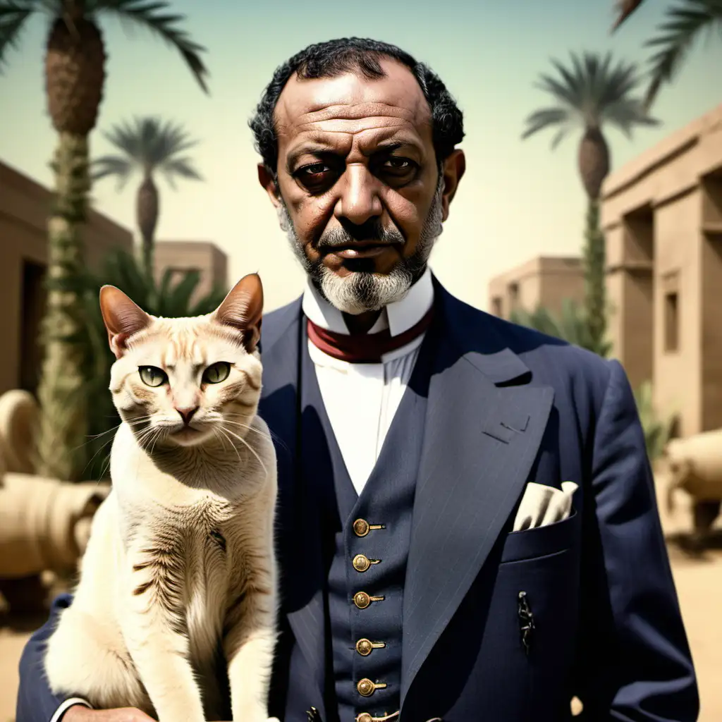 Elegant Egyptian Gentleman with Cat in 1920s Plantation Setting