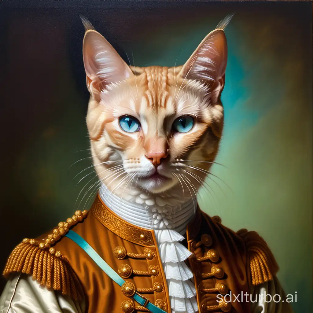 a renaissance oil panting portrait of a colonial general with the head of a tonkinese cat,
light blue eyes,oil pianting,gorgeous textured clothing,greensh-brown background,depth of field,upper_body,-Rembrandt master painting style,detail clothing,Historical portrait,-ar 12:18