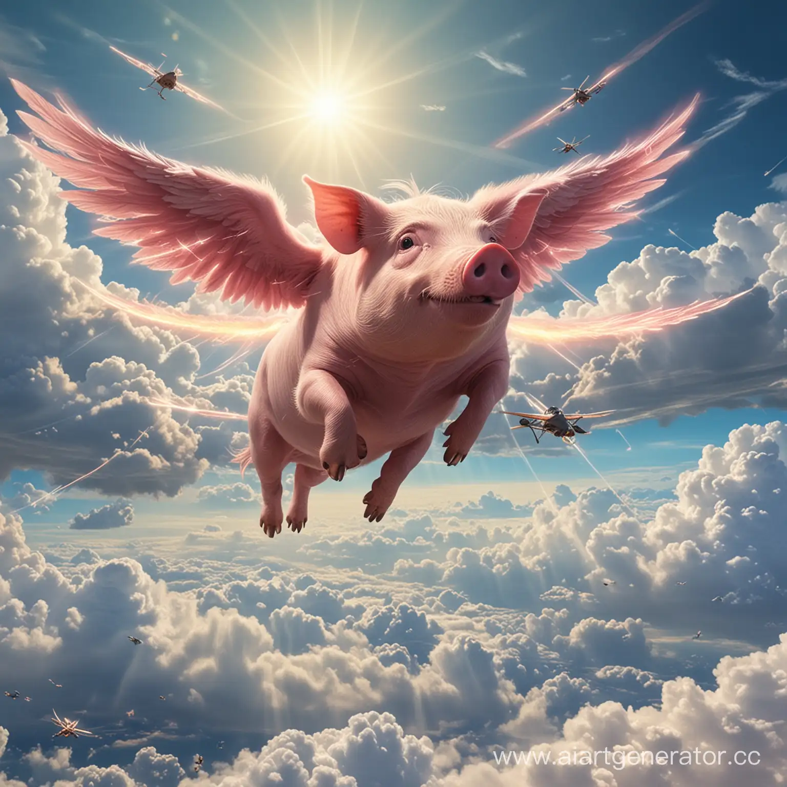 Летающая(с крыльями) свинья с лазерами вместо глаз и с шестью конечностями летает в облаках