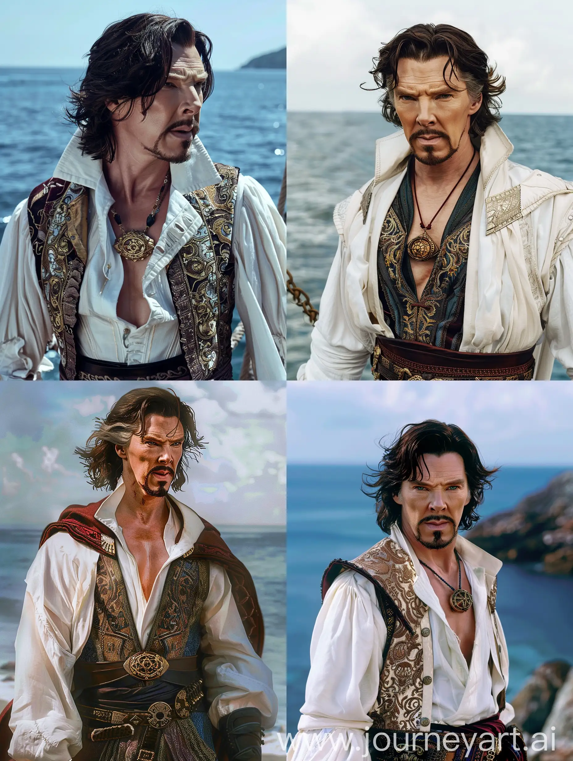 Picture of Doctor Strange, shoulder length hair,  white pirate shirt open, exposing chest, sexy, brocade vest,  no cloak, near the sea