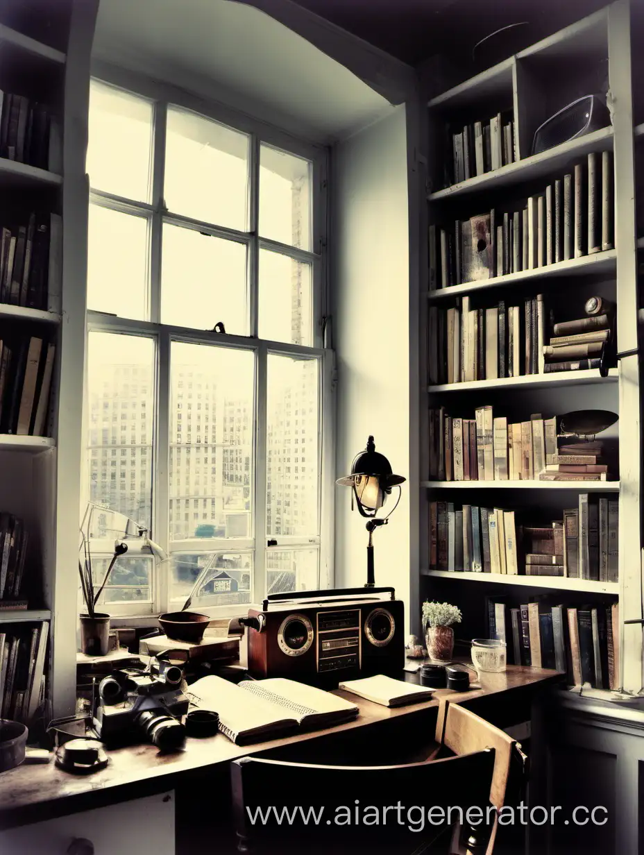 писменный стол, широкий подоконник, радио, чашка, лампа, книжаная полка, окно, бинокль