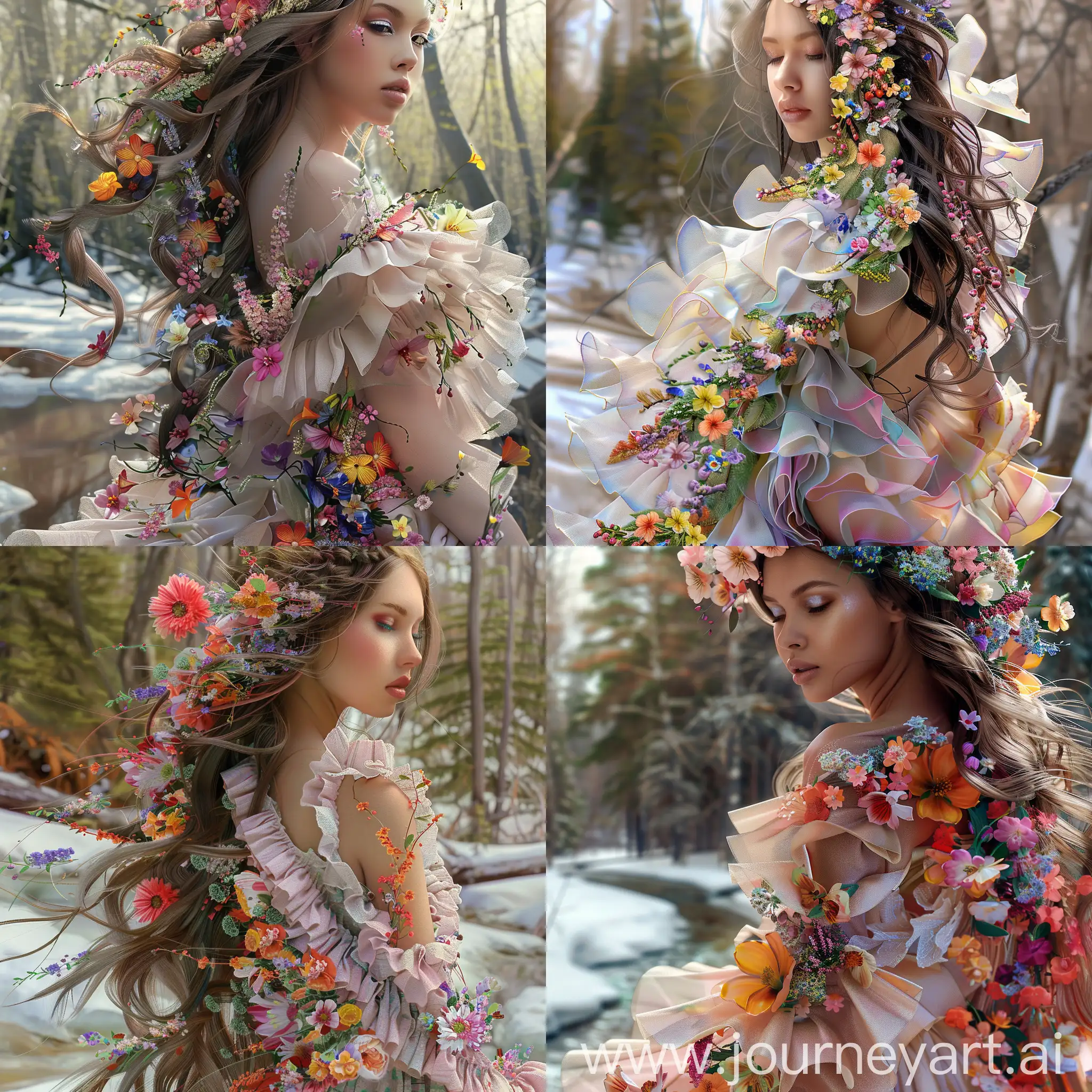 красивая женщина крупным планом, ее роскошные длинные волосы спадают каскадом из цветов и ярким красочным цветочным шлейфом украшают фигуру женщины, на ней светлое платье, оборки платья украшены весенними цветами, женщина на фоне растаевшего снега, на заднем плане лес встречающий весну, реализм. v6