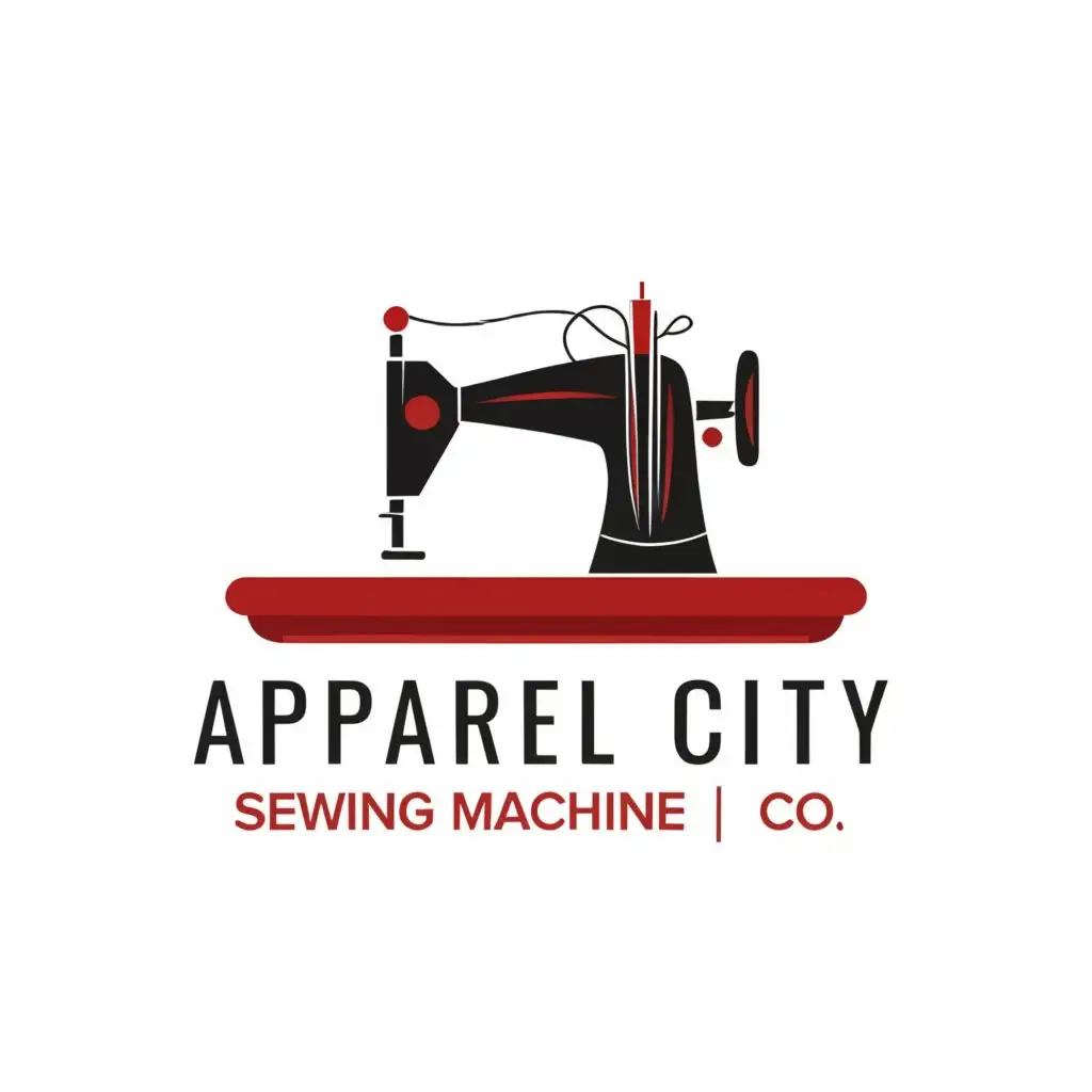 a logo design, with the text 'Apparel City Sewing Machine CO.', main symbol: sewing machine and stitches, Moderate, to be used in Retail industry, clear background make the words red and logo have red accents