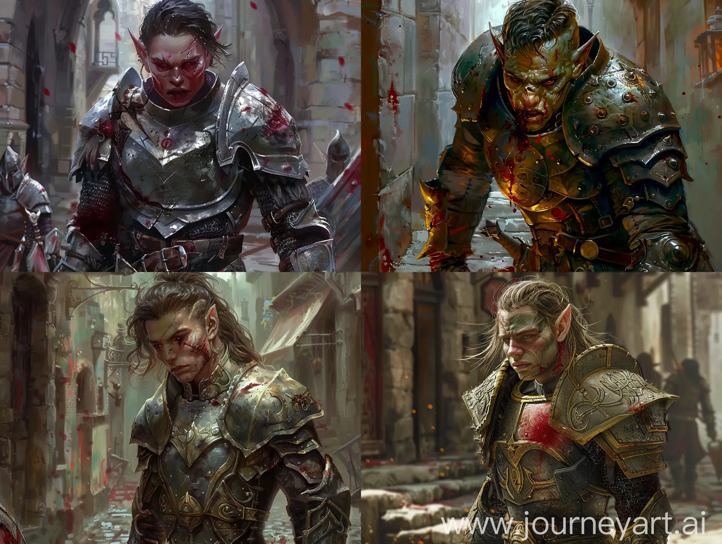 half-orc knight, young, plate armor, HD, detailed, pretty face, heavy armor, male, wounded, bloody, dying, backstreet