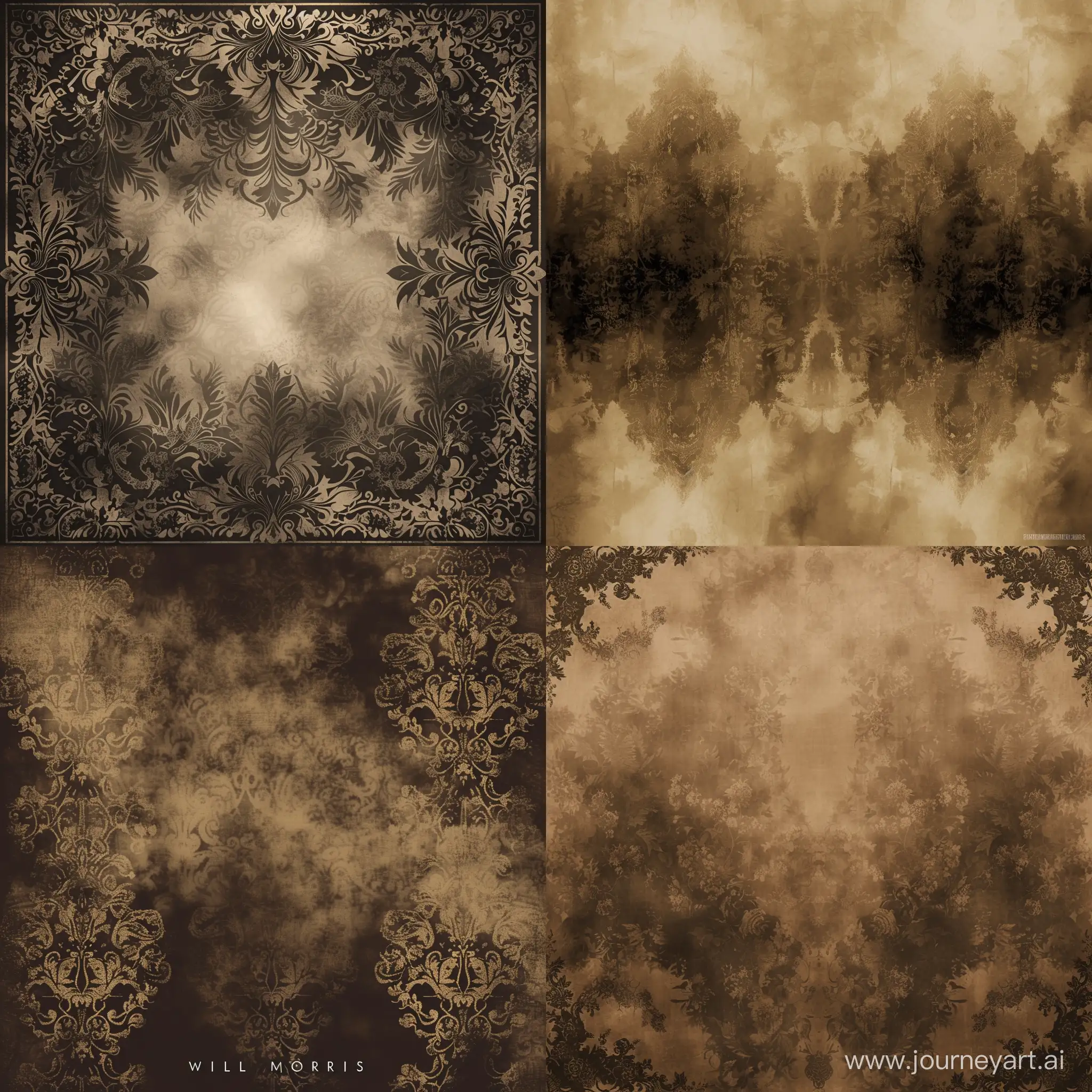 william morris tapestry pattern sepia colors, realistic, dark, a bit geometric, vector, old foggy photography