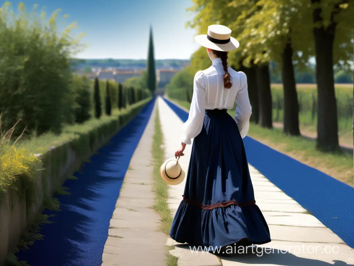 Франция, девятнадцатый век, по тропинке стороной идет стройная молодая дама в тёмно-синей юбке до пола с белой блузкой и в изящной шляпке, лицом к камере, Она идет издалека. Вид спереди сбоку. Яркий солнечный день, полноцветное изображение, реалистичные детали