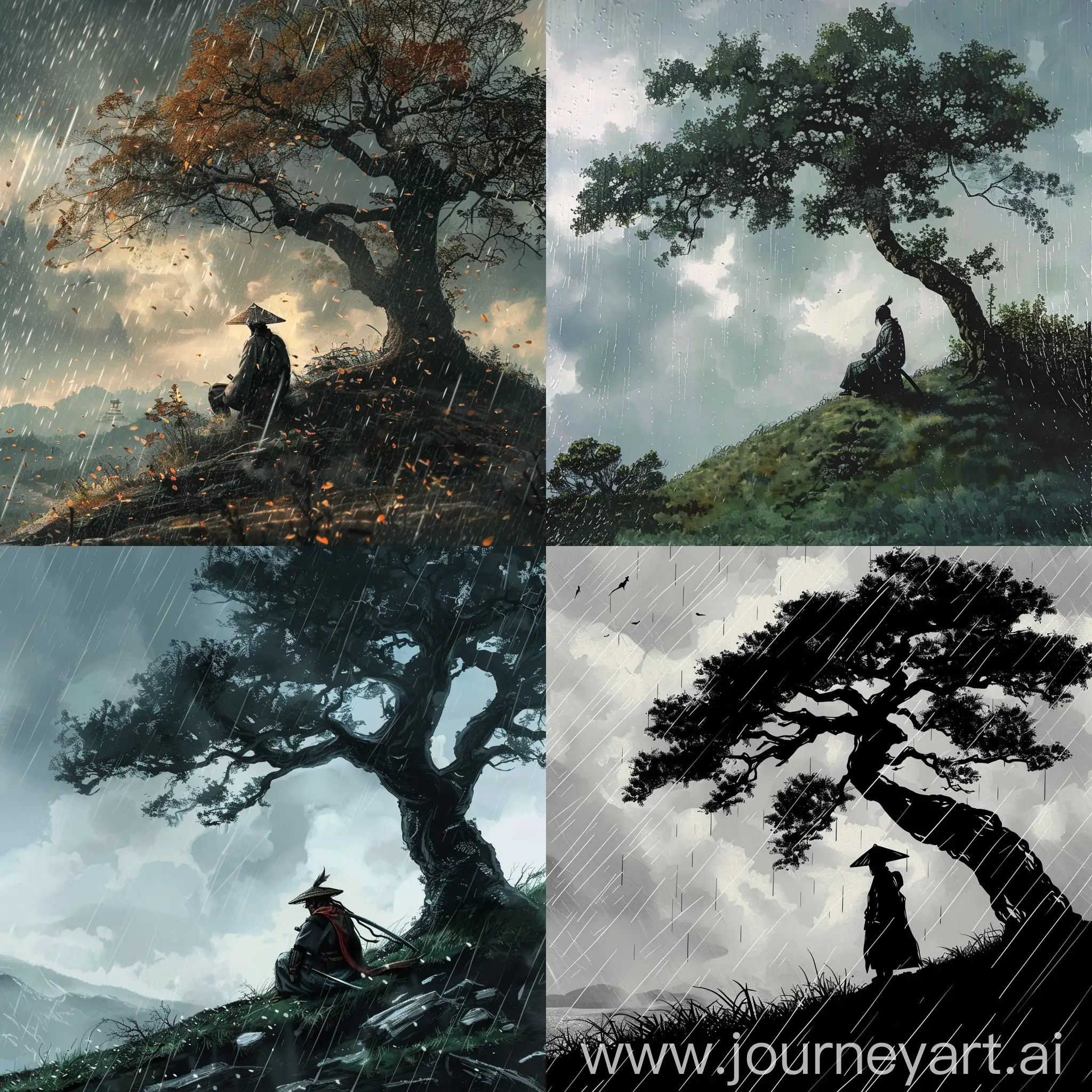 Solitary-Samurai-Contemplating-Beneath-Rainy-Hill-Tree