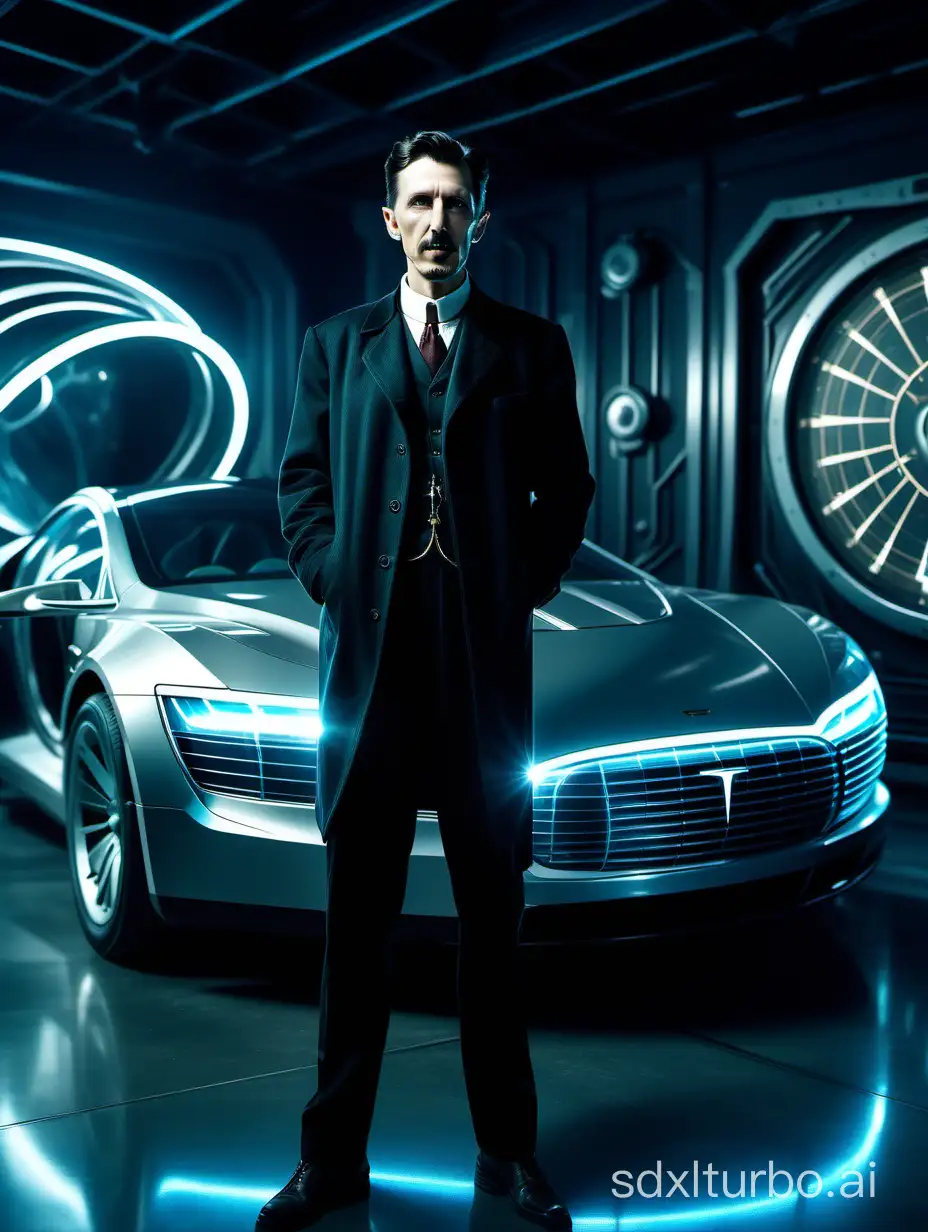 Professional analog photography of Nikola tesla standing next to a retrofuturistic time traveling sleek spaceship with glowing parts, hyperrealistic, cinematic lighting, breathtaking, epic movie still, 35mm, cinematic