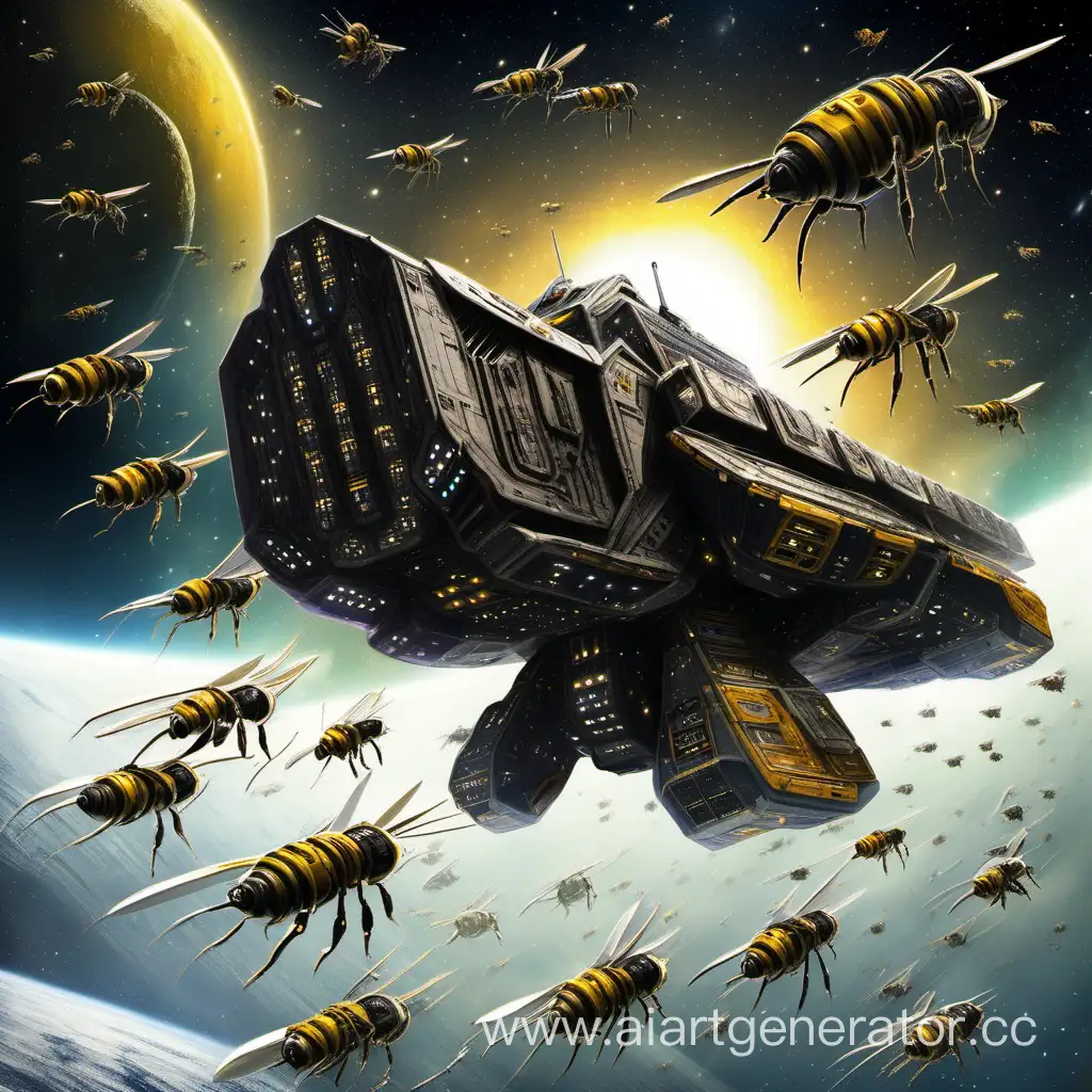 draw a space bee, similar to a space dreadnought, it is standing in the middle of space, preparing to attack the enemy space fleet, this fleet is standing in the background, and the fleet itself consists of hundreds of ships, but the bee is ready to fight.
