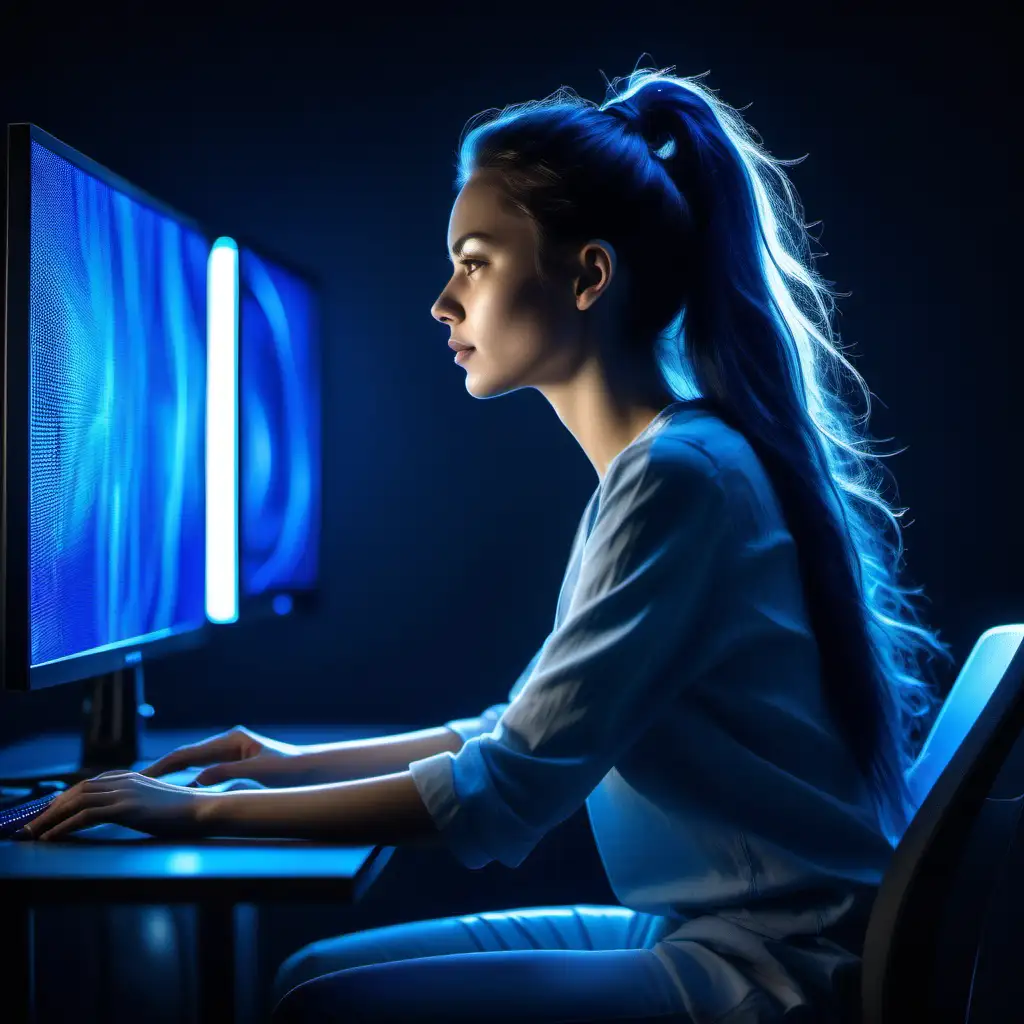 side view of young woman sitting  in the correct sitting position with straight back and looking at one monitor, blue wind from monitor to face with flowing hair, blue light and shine goes from monitor, behind is dark modern hifi interieur