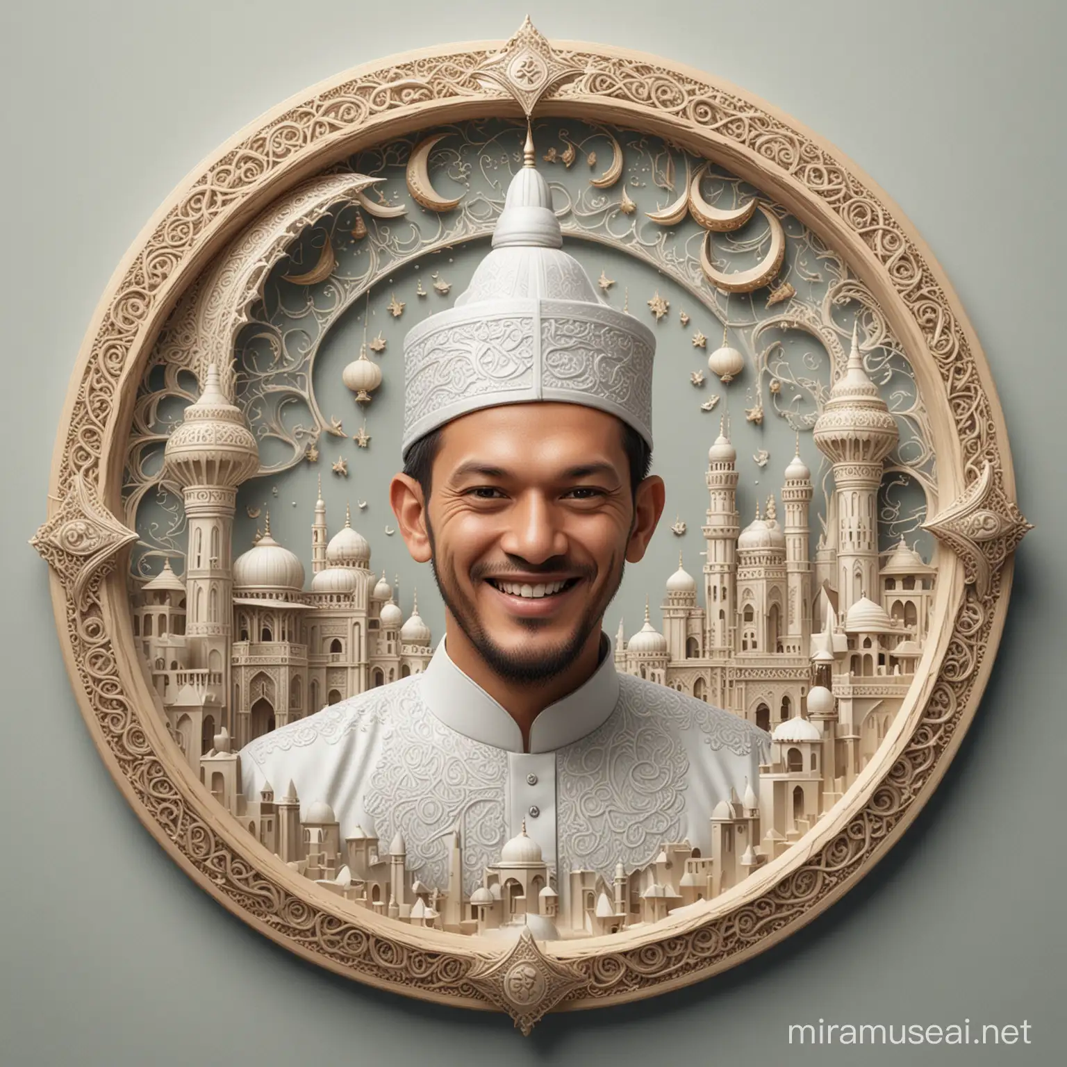 Luxurious Casual Muslim Man Smiling in Front of Realistic 4D Islamic Logo