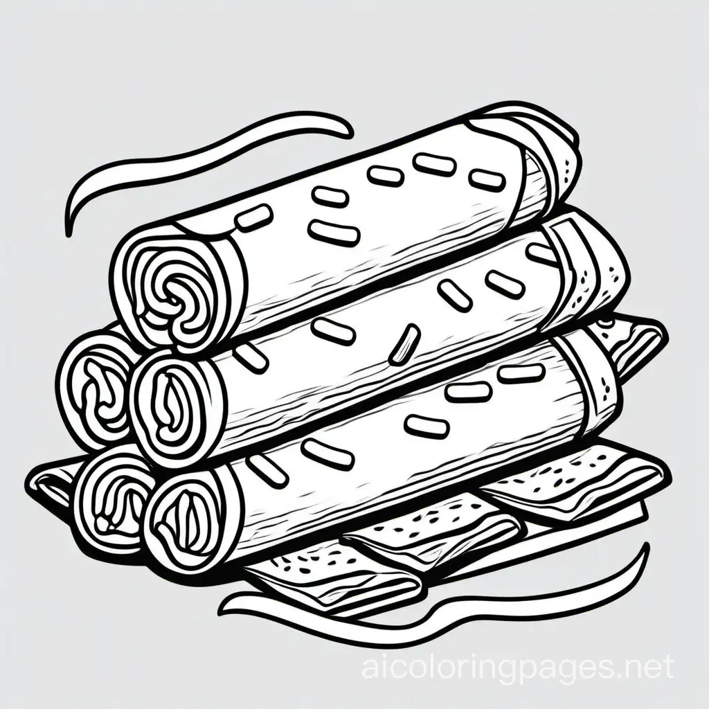 Create a bold and clean line drawing of a Taquitos. without any background , Coloring Page, black and white, line art, white background, Simplicity, Ample White Space. The background of the coloring page is plain white to make it easy for young children to color within the lines. The outlines of all the subjects are easy to distinguish, making it simple for kids to color without too much difficulty