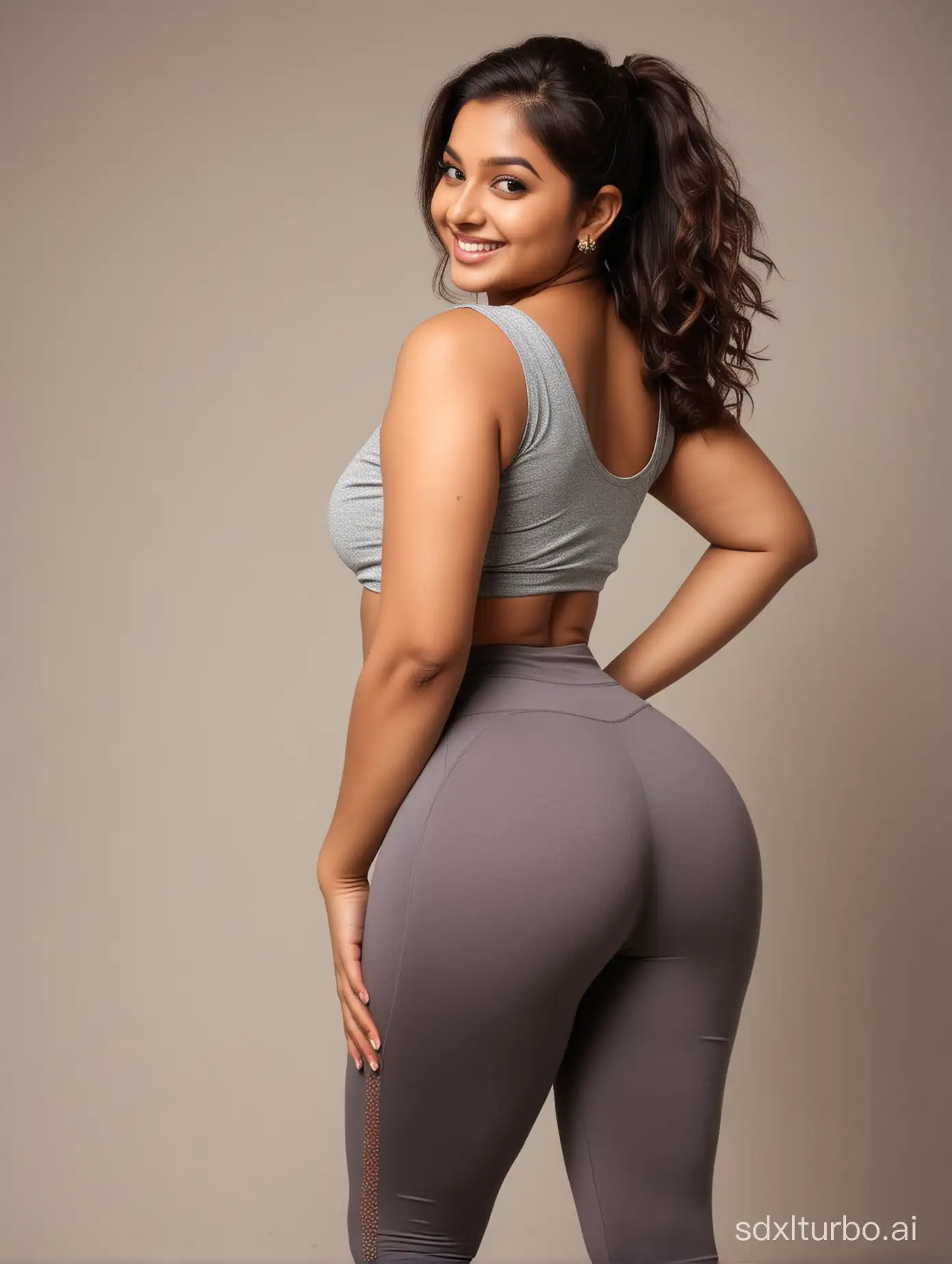 """Indian curvy booty girl  in leggings and top showing back pose with smile
"""