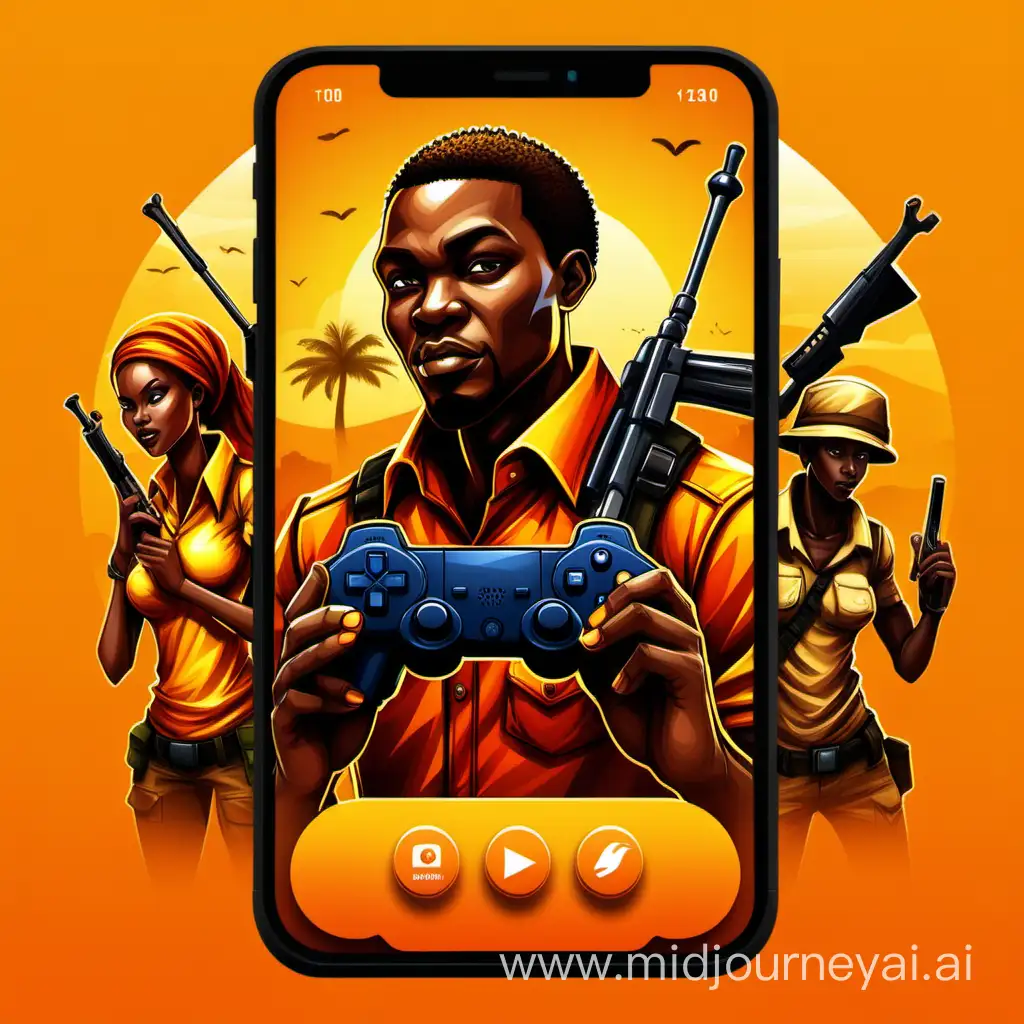 Modern African Gaming App Illustration in Vibrant Yellow and Orange