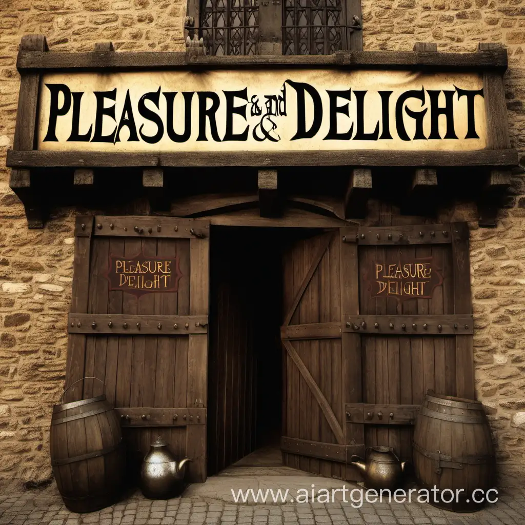 Medieval-Brothel-Exterior-with-Pleasure-and-Delight-Sign