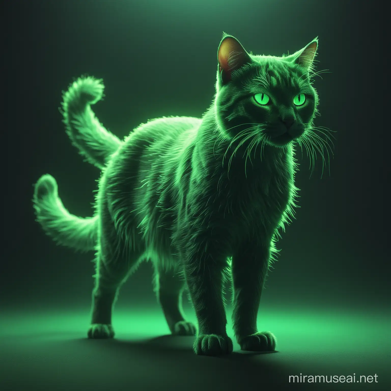 “Épico realista, uma foto visual impressionante de um felino gato verde| brilhante  | luz de néon | vibrante | Corpo inteiro | visual principal  melhor qualidade | iluminação, neblina volumétrica, bioluminescência, 