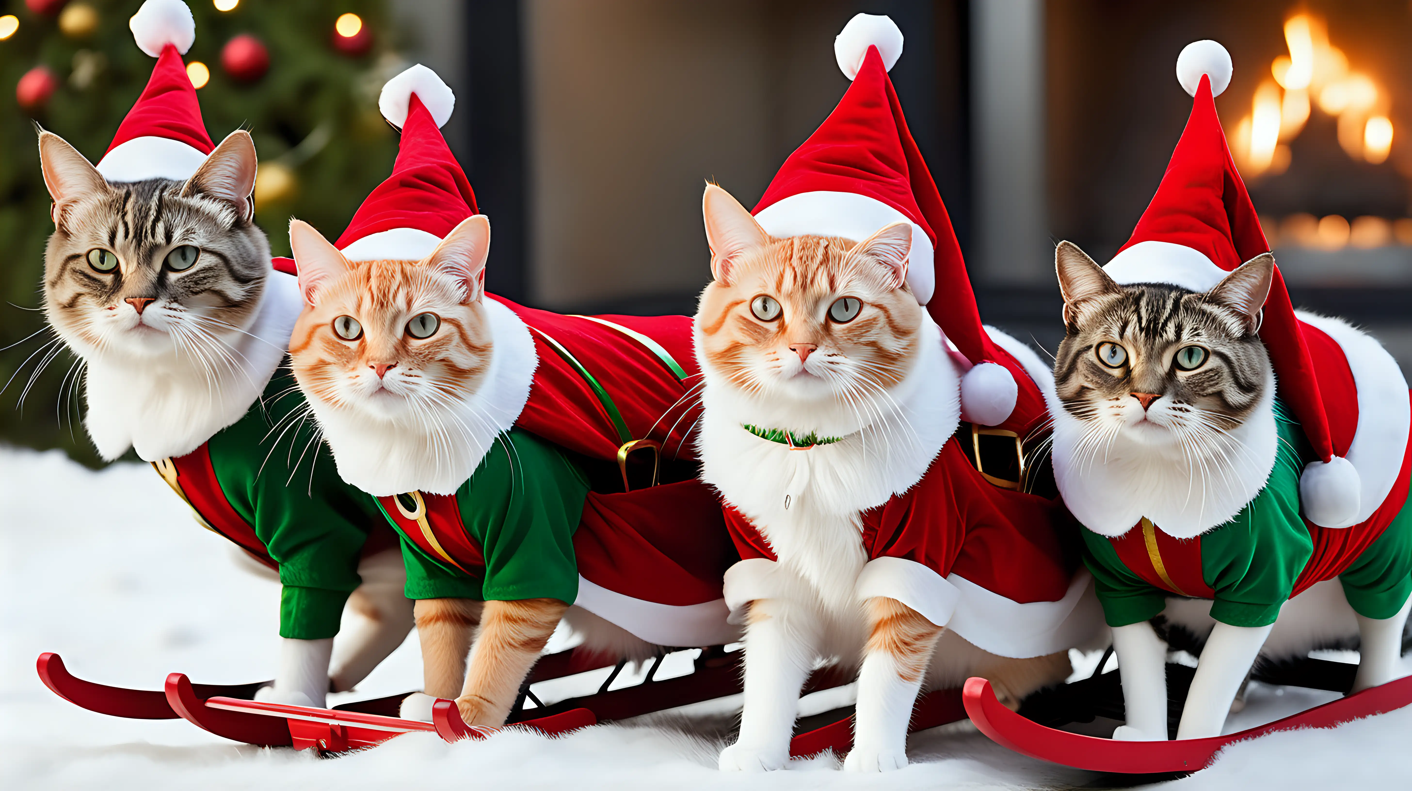 3 cats wearing elf costumes in Santa's sled led by a red nosed reindeer with wings