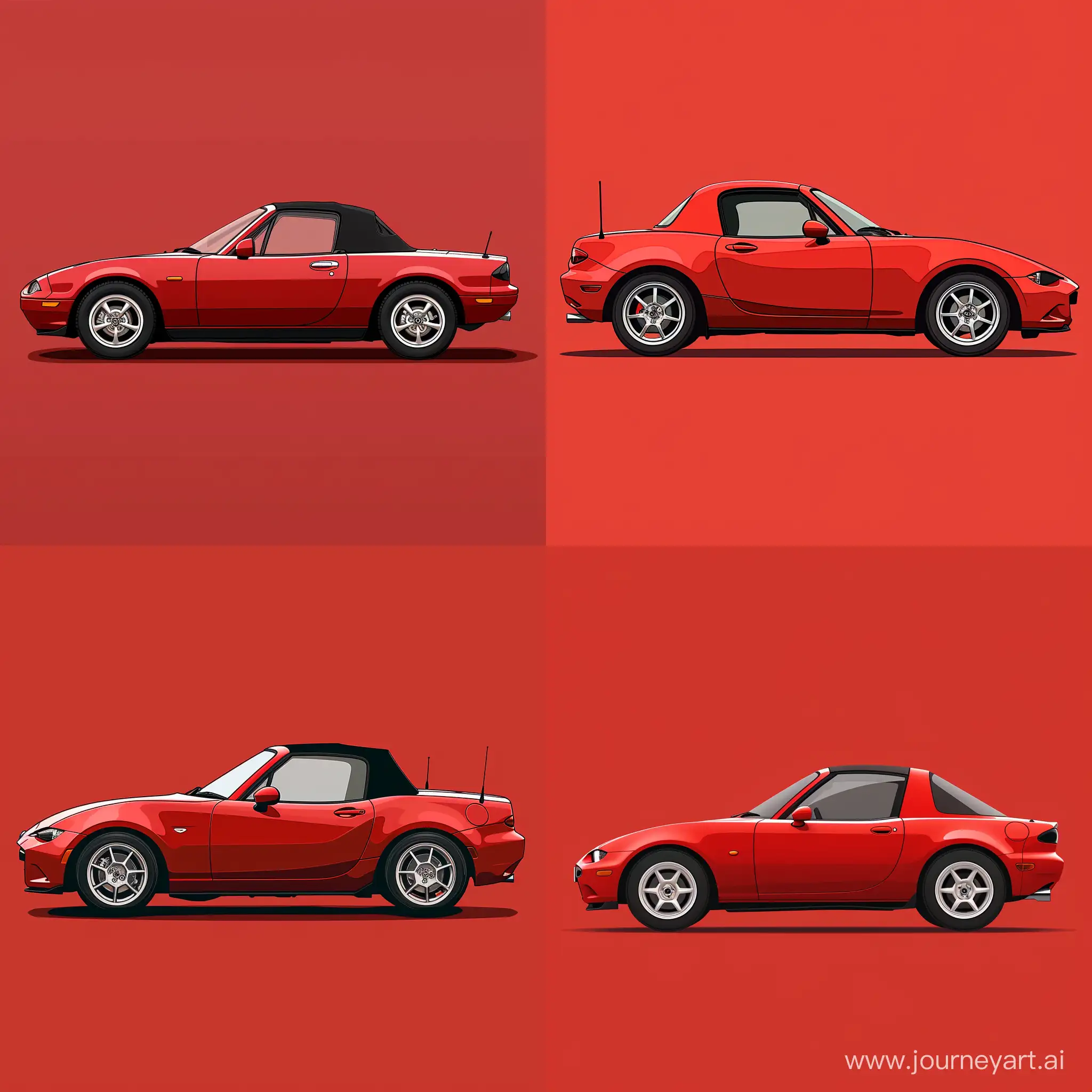 Minimalism 2D Illustration Car of Side View, Mazda Miata: Red Body Color, Simple Red Background, Adobe Illustrator Software, High Precision --v 6.0 --s 100